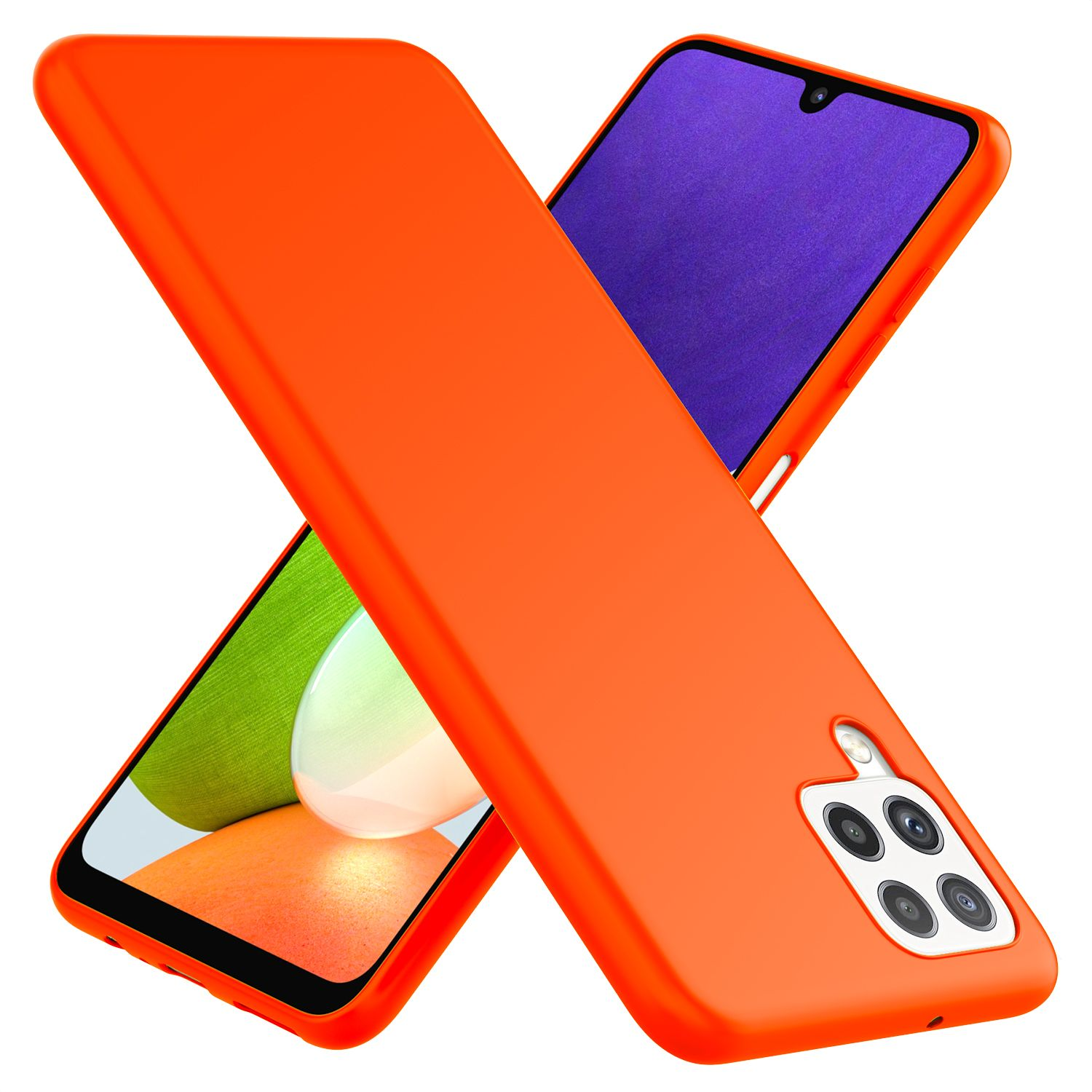 Orangefarbene Handyhülle auf zwei Handys. Die Telefone haben Bildschirme mit unterschiedlichen Farben. Weißer Hintergrund.