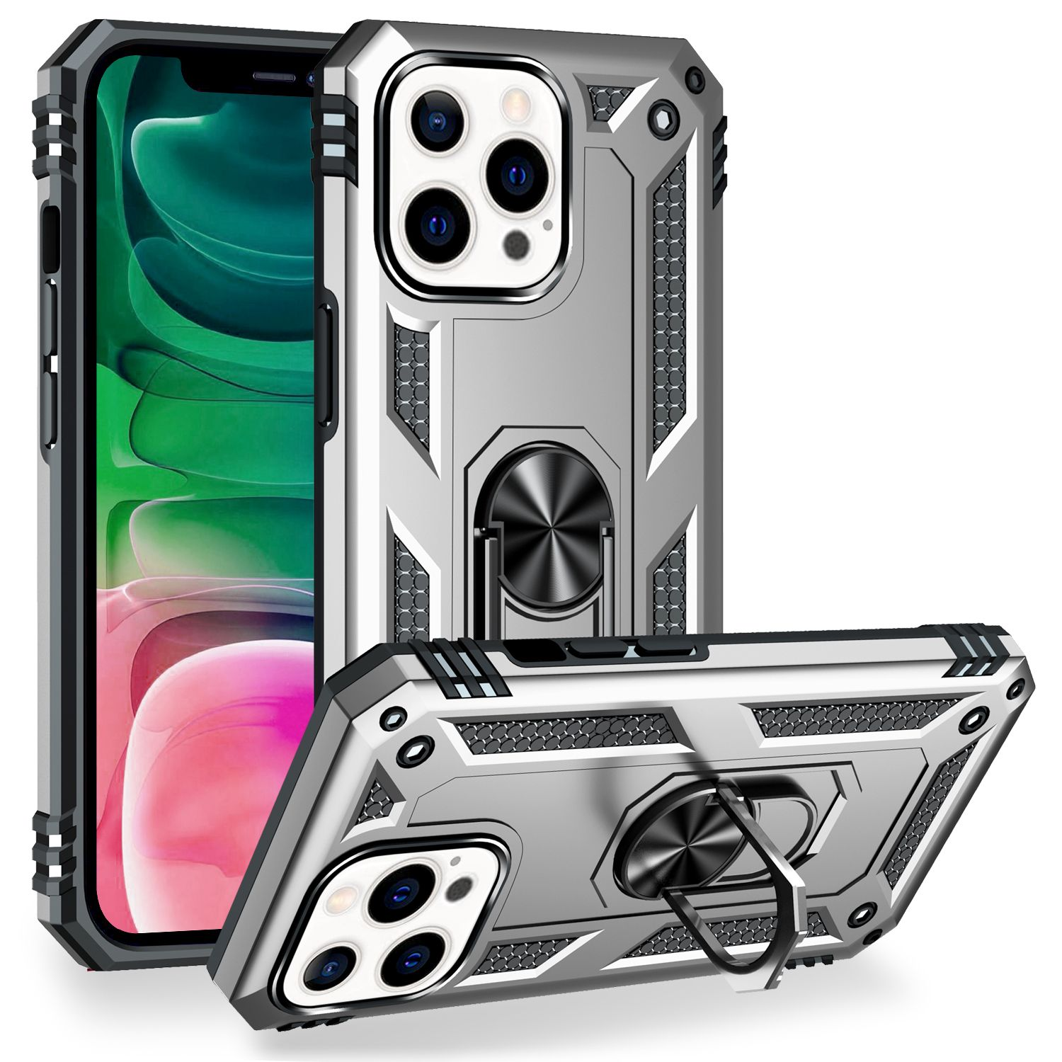 Silberne Handyhülle mit Ringhalter, in zwei Ansichten, die ein Handy zeigen.