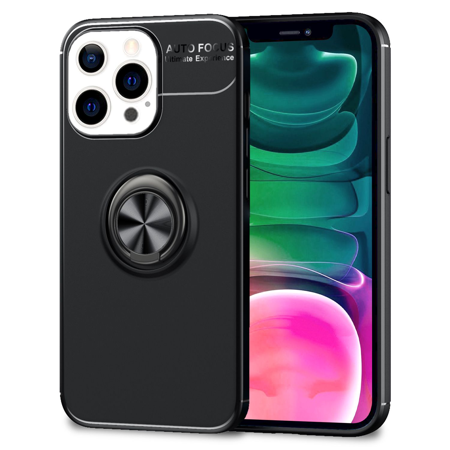 Teléfono negro con funda negra con anillo. El teléfono tiene tres cámaras. El fondo es verde.