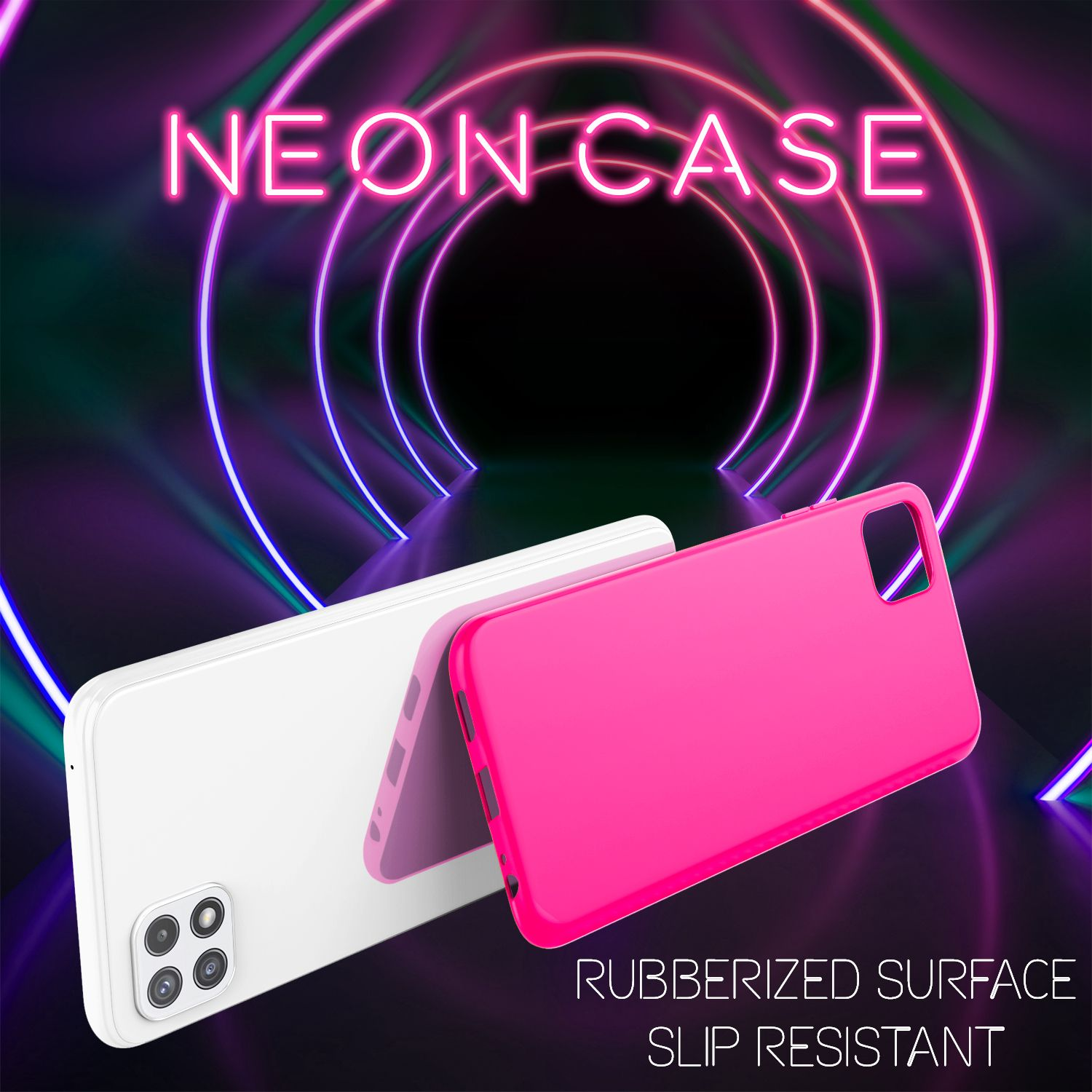 Zwei Handyhüllen, eine weiße und eine rosa, mit Neon-Text. Neonlichter im Hintergrund.