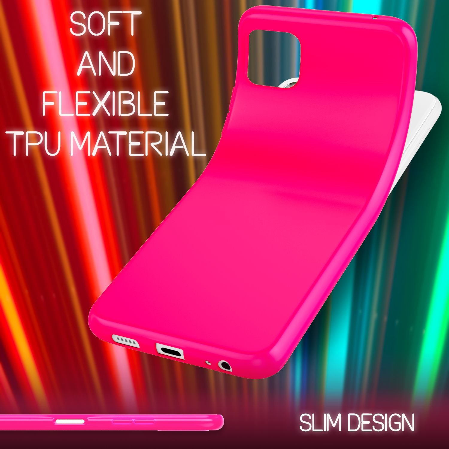 Eine pinke Handyhülle. Die Hülle ist leicht gebogen. Der Text lautet: Weiches und flexibles TPU-Material.