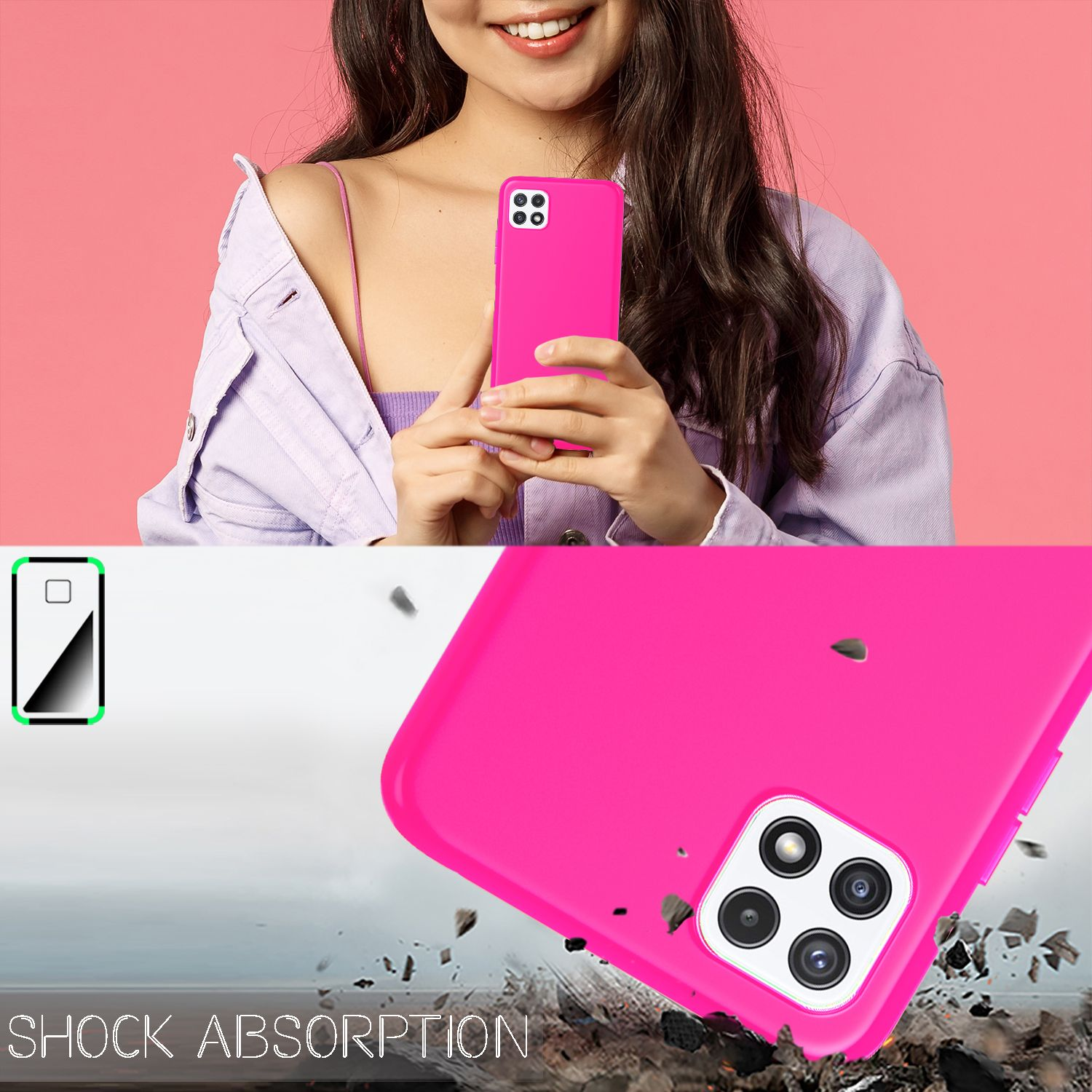 Eine Frau hält eine rosa Handyhülle. Die Hülle fällt mit dem Text 'SHOCK ABSORPTION'.