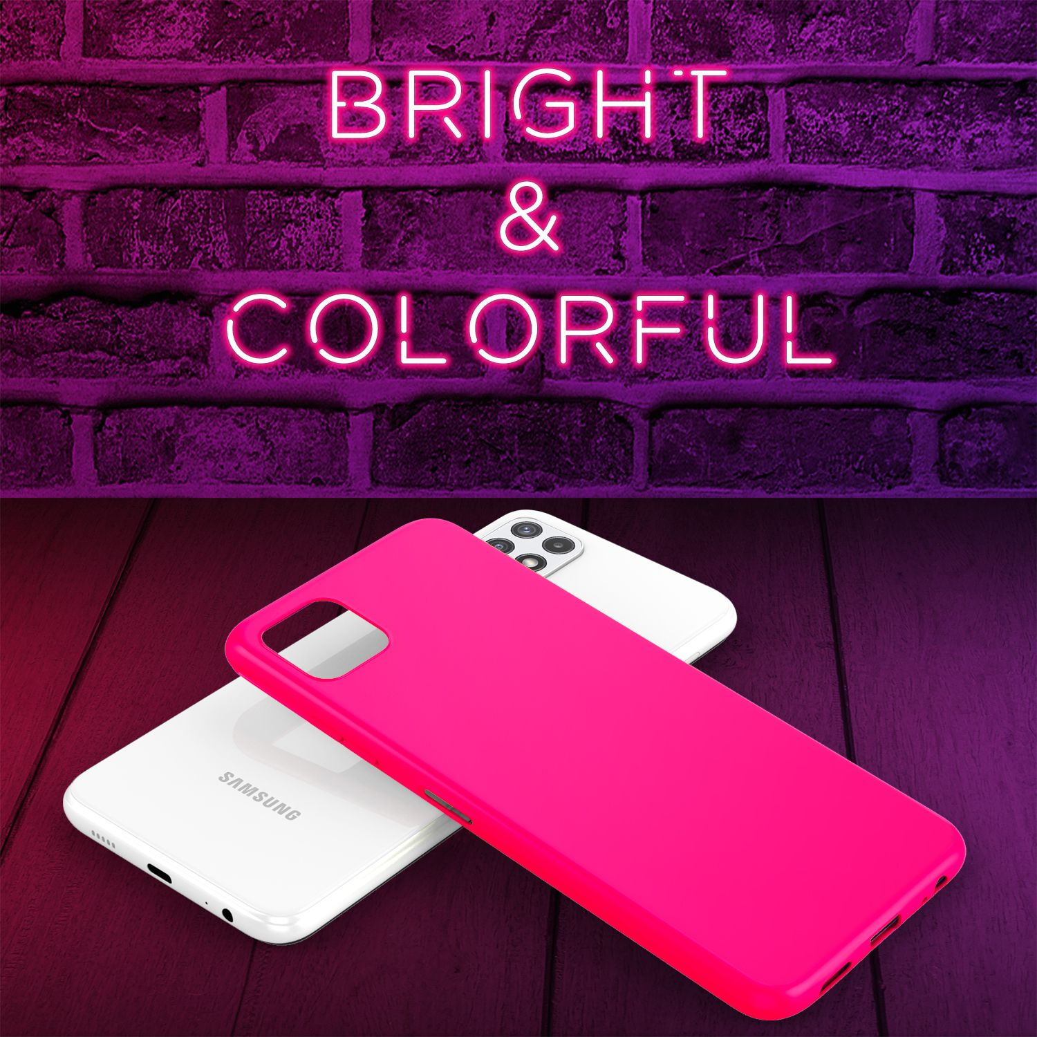 Zwei Handyhüllen, eine pinkfarbene und eine weiße, mit einem Neon-Schild 'Bright & Colorful'.