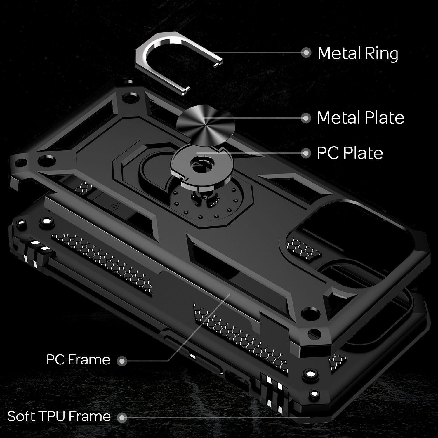 Schwarze Handyhülle mit Metallring und Metallplatte, mit beschrifteten Komponenten.