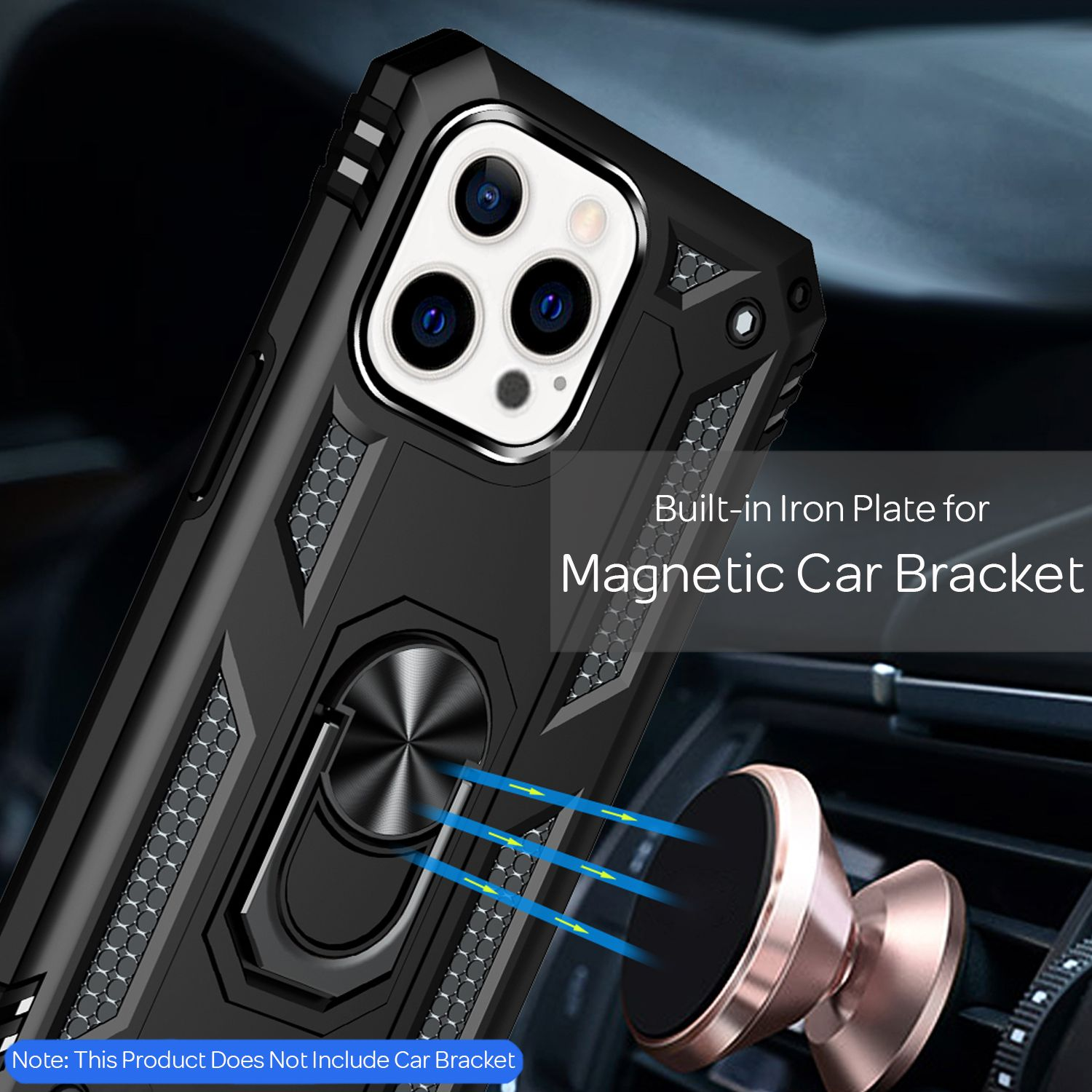 Eine schwarze Handyhülle mit Ringhalterung auf der Rückseite ist an einer magnetischen Autohalterung befestigt.