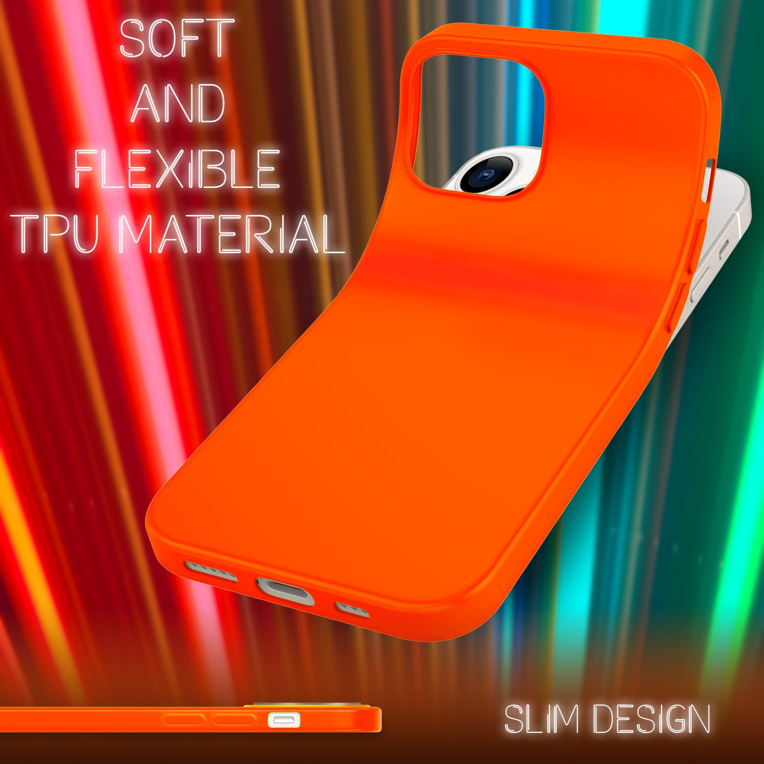 Custodia arancione per telefono su sfondo sfumato. È un materiale TPU. Mostra il lato e il retro di una custodia.