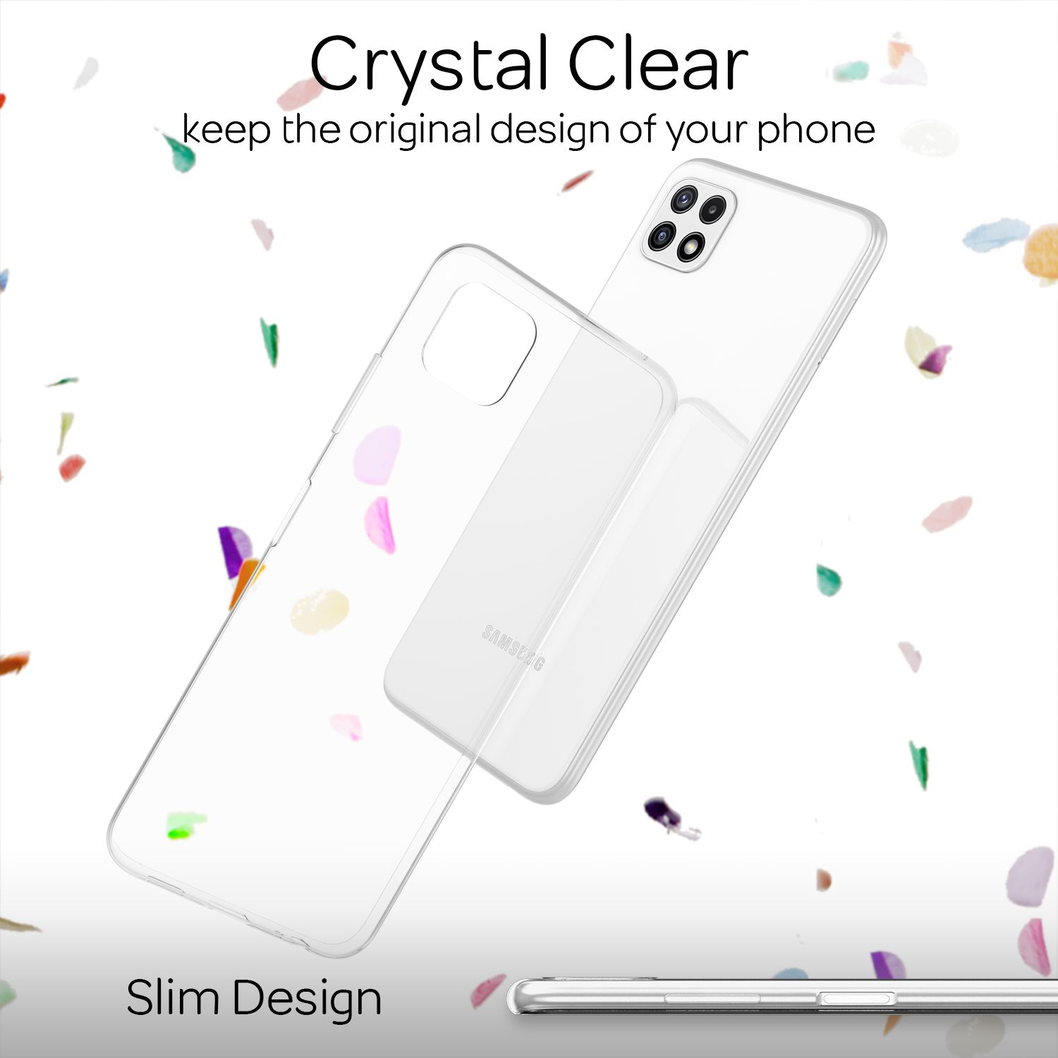 Funda transparente y teléfono. El texto dice 'Crystal Clear' y 'Diseño delgado'.