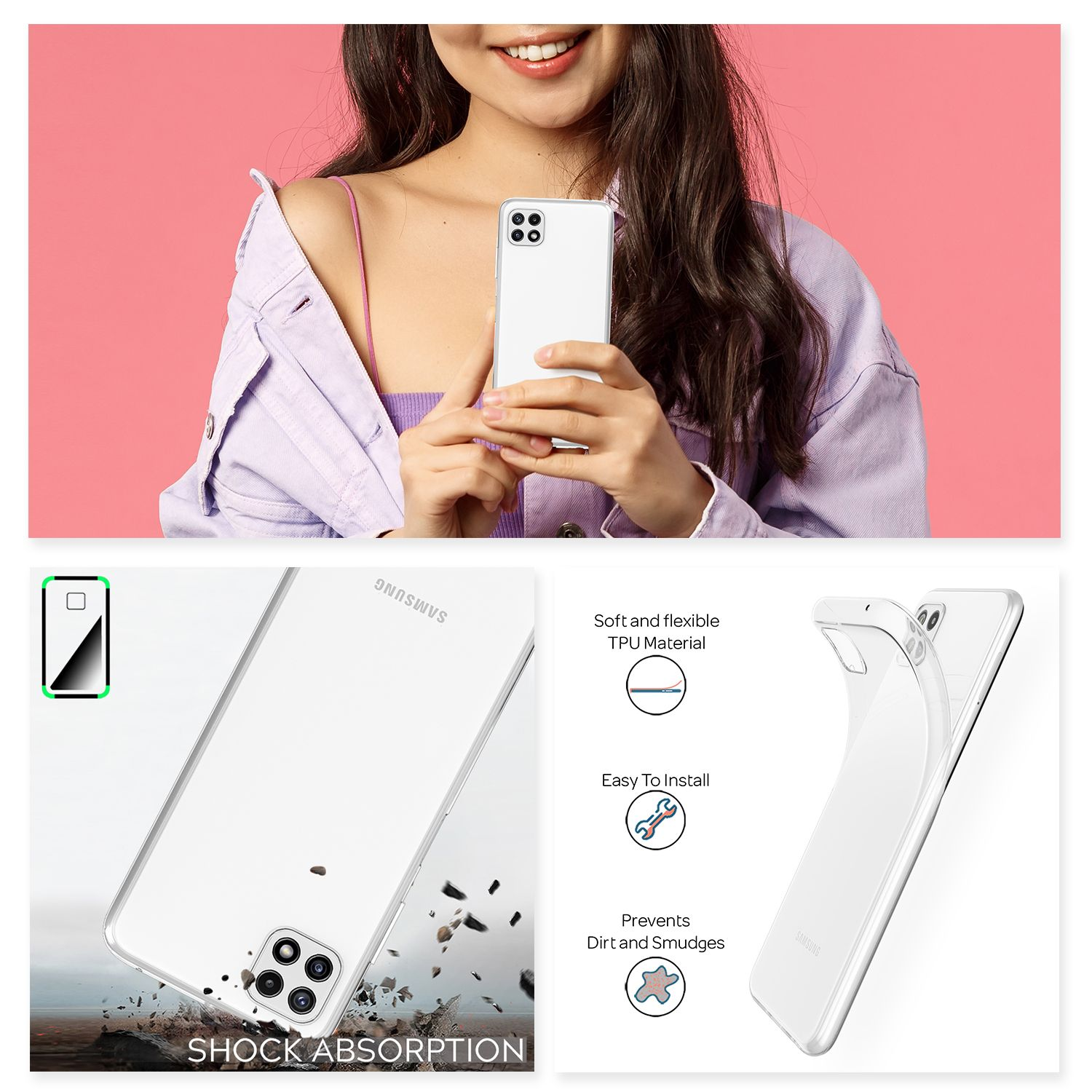 Mujer sosteniendo un teléfono blanco con una funda transparente. Imágenes adicionales muestran características.