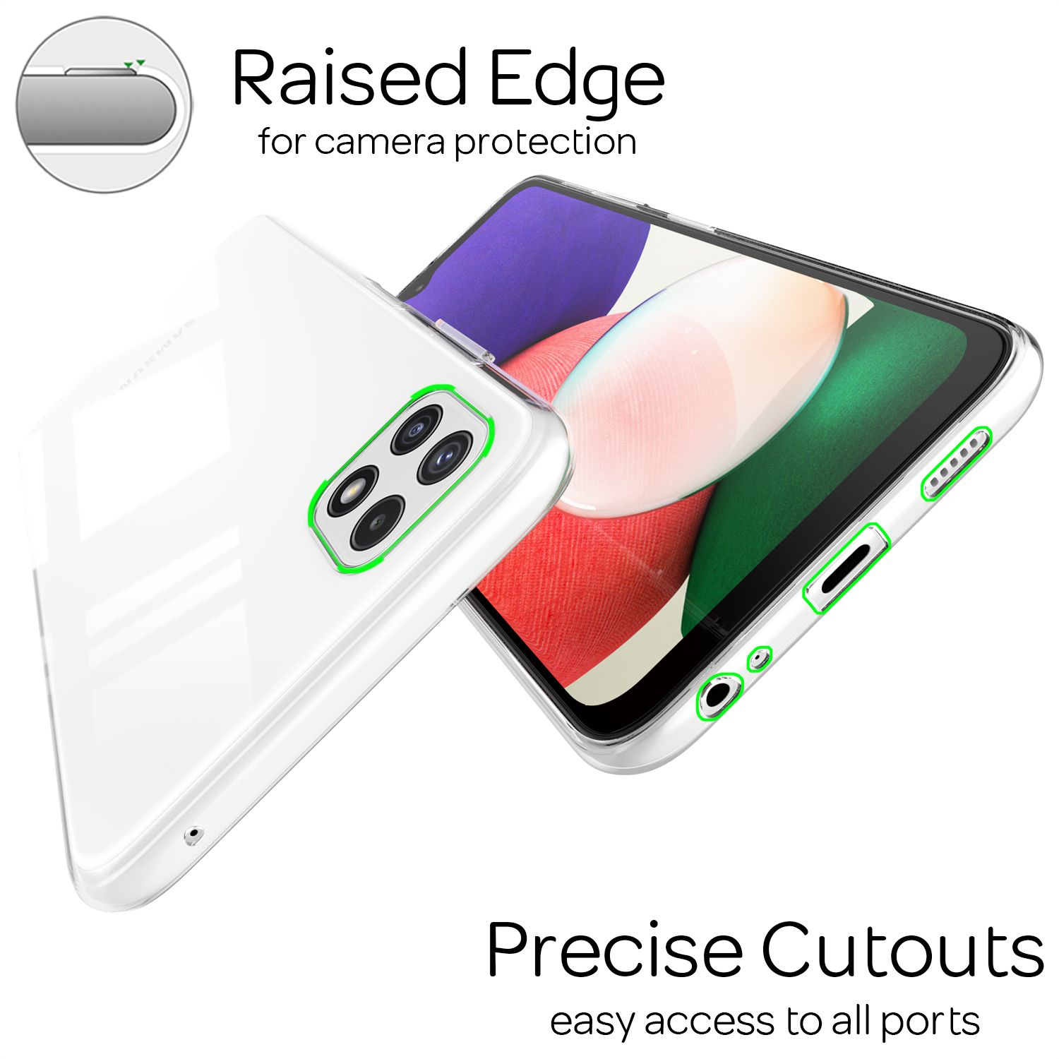 Funda transparente para teléfono con detalles verdes. Texto indica borde elevado para proteger la cámara.