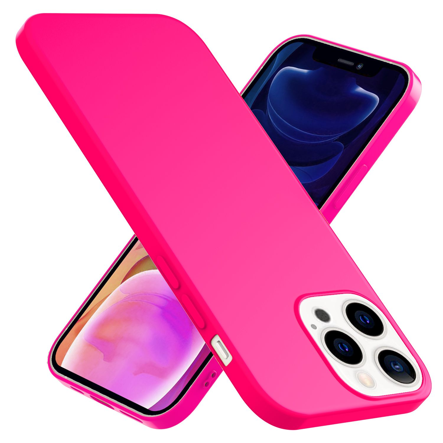 Zwei pinke Handyhüllen, eine auf dem Telefon. Beide stehen vor einem weißen Hintergrund.