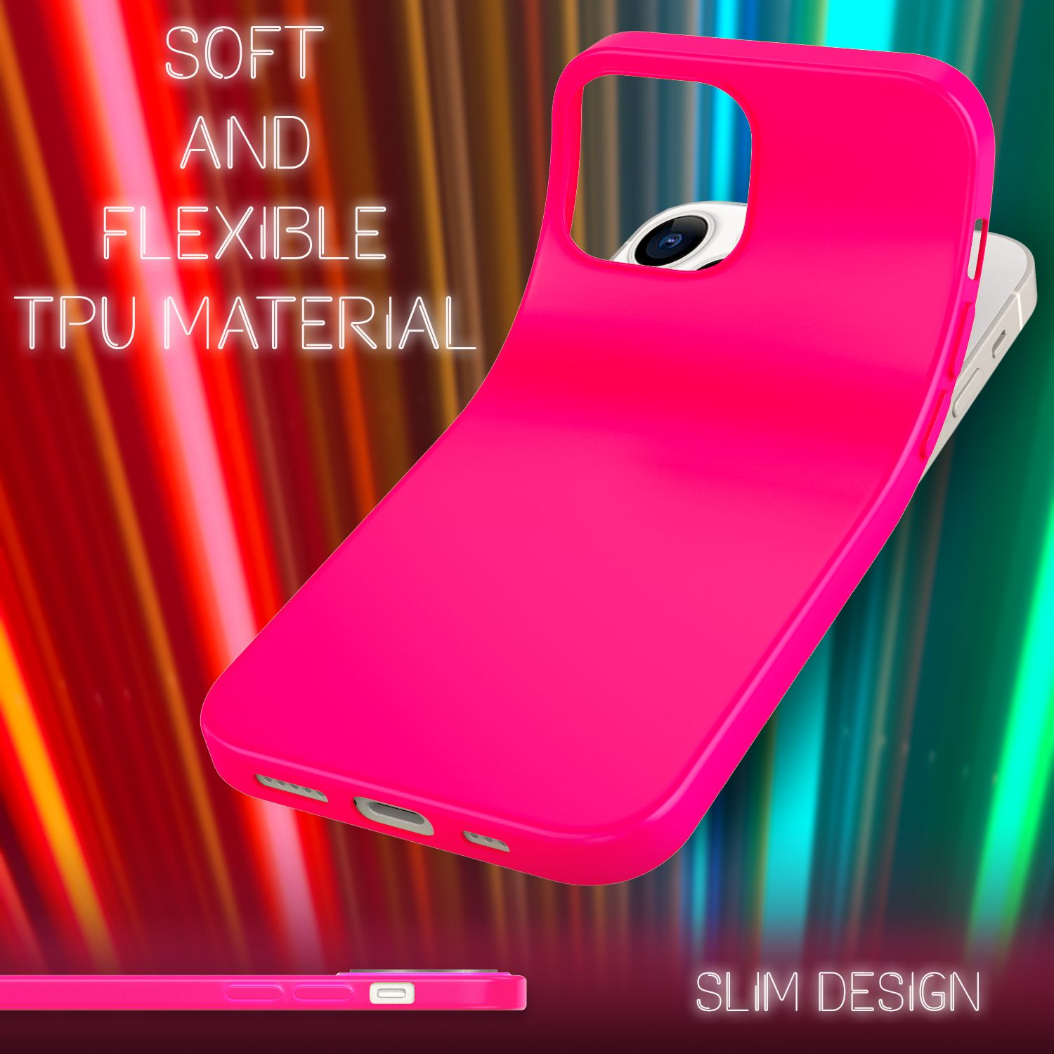 Pinkfarbene Handyhülle mit weißem Telefon, mit Text "WEICH UND FLEXIBLES TPU-MATERIAL".