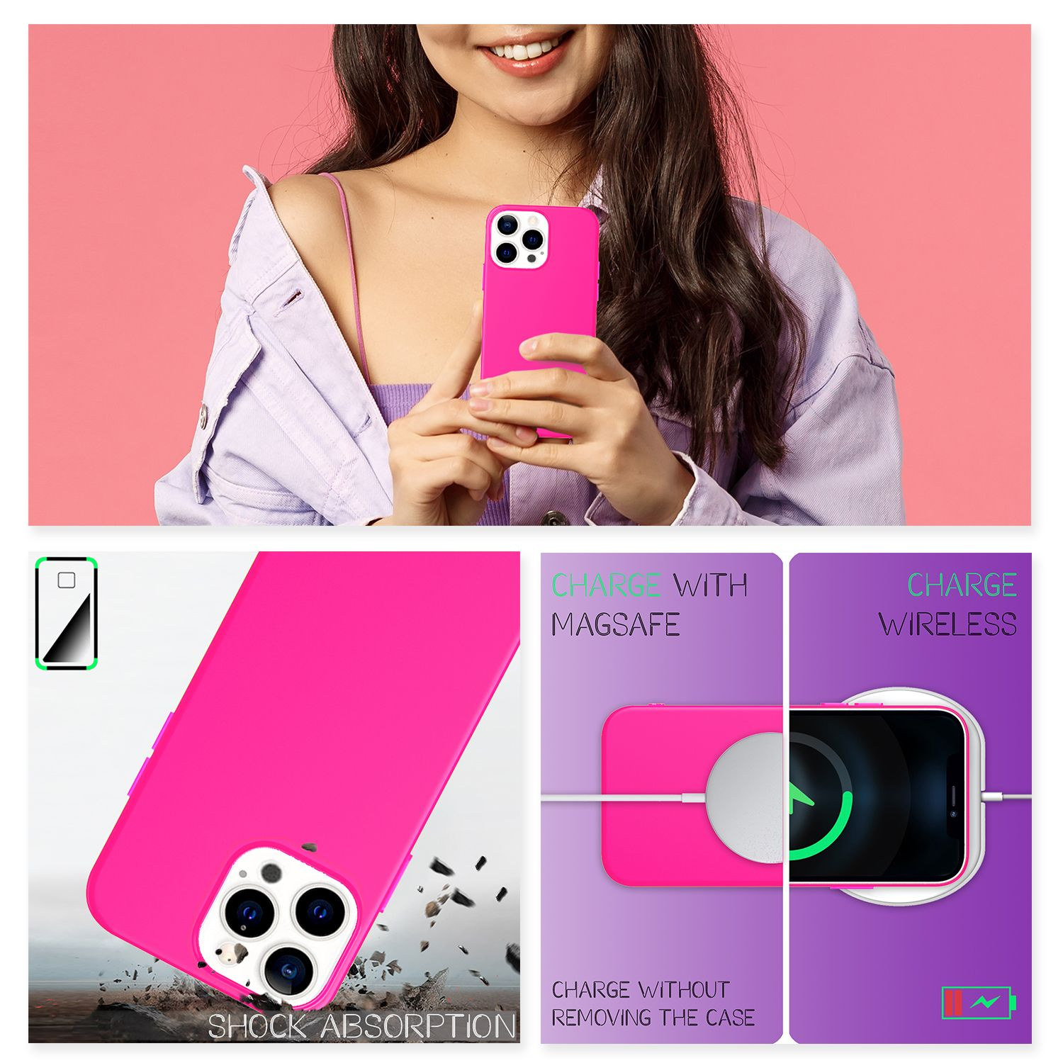 Mädchen hält pinkes Telefon in Hülle. Bild zeigt kabelloses Laden und MagSafe.