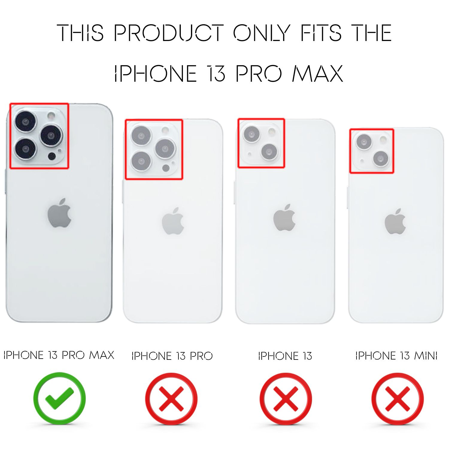 Vier Telefone werden angezeigt, nur eines passt in die Hülle. Das iPhone 13 Pro Max ist kompatibel. Die anderen nicht.