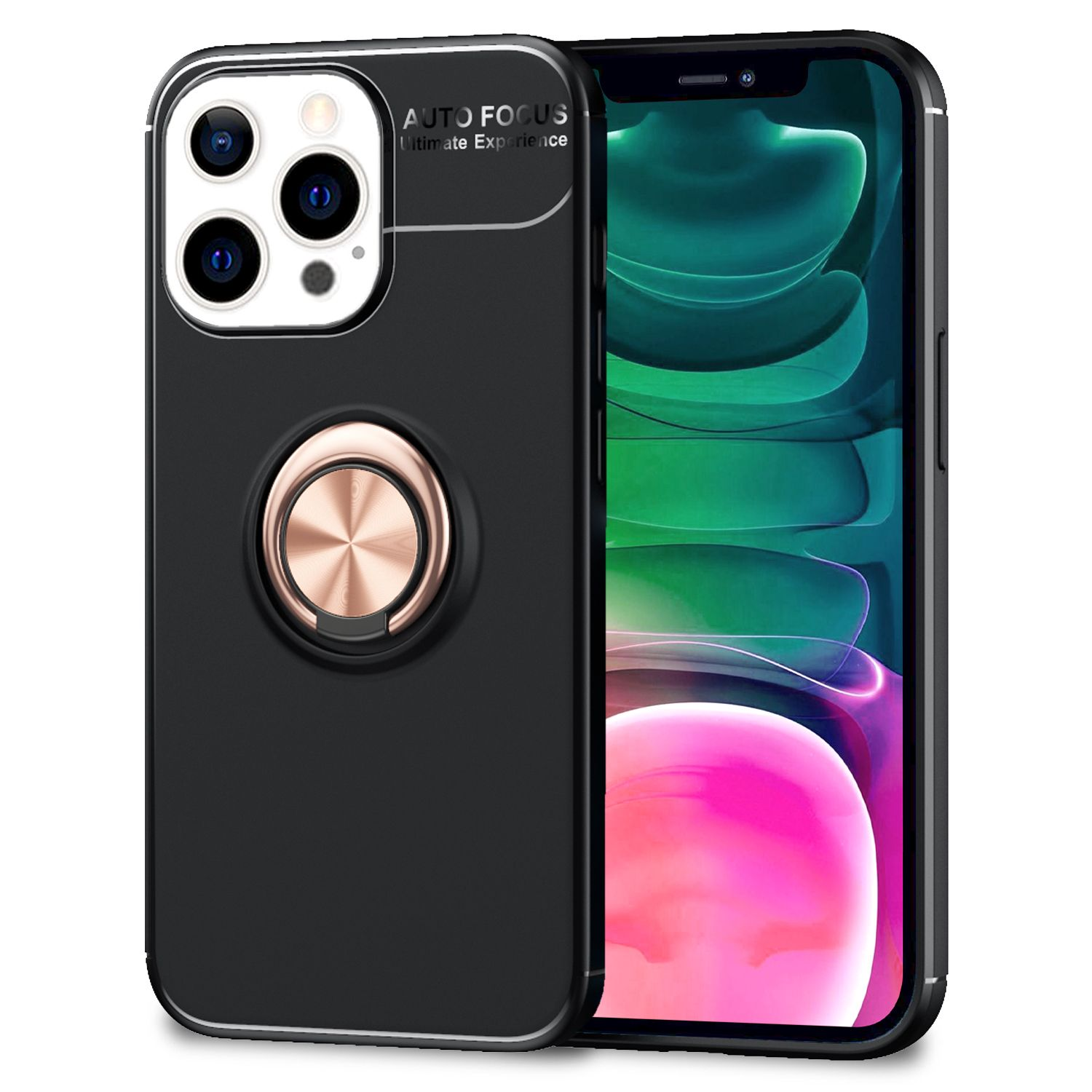Un teléfono negro con una funda negra y un soporte de anillo dorado. La pantalla del teléfono es visible.