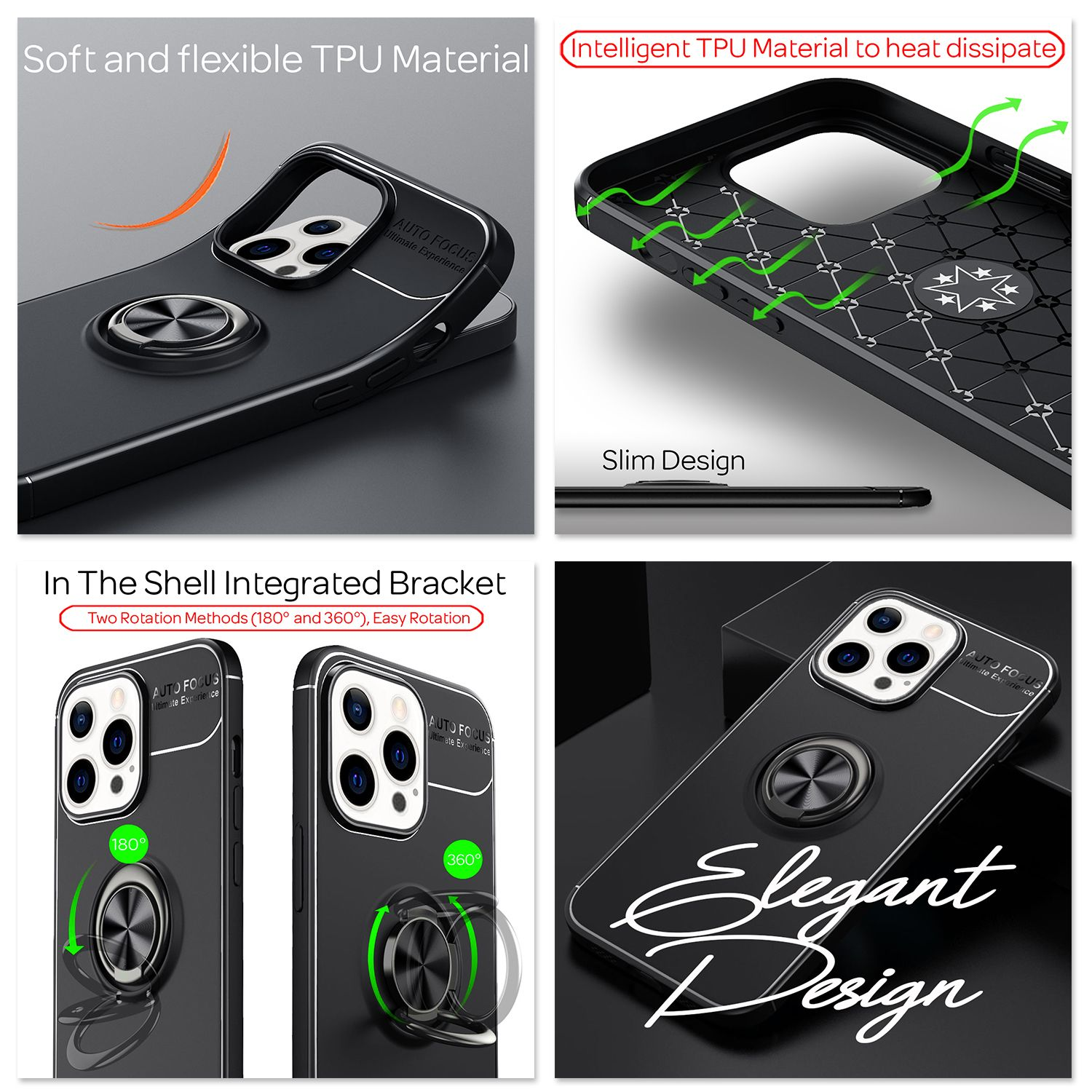 Juego de fundas para teléfono con soporte de anillo. Cuatro imágenes muestran detalles.