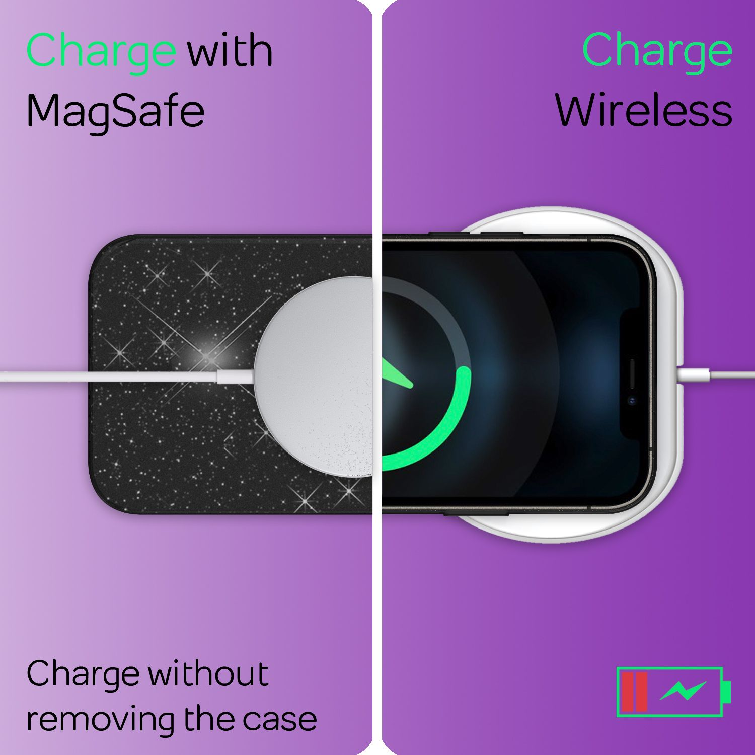 Un teléfono se carga de forma inalámbrica y con MagSafe. El texto indica carga sin quitar la funda.