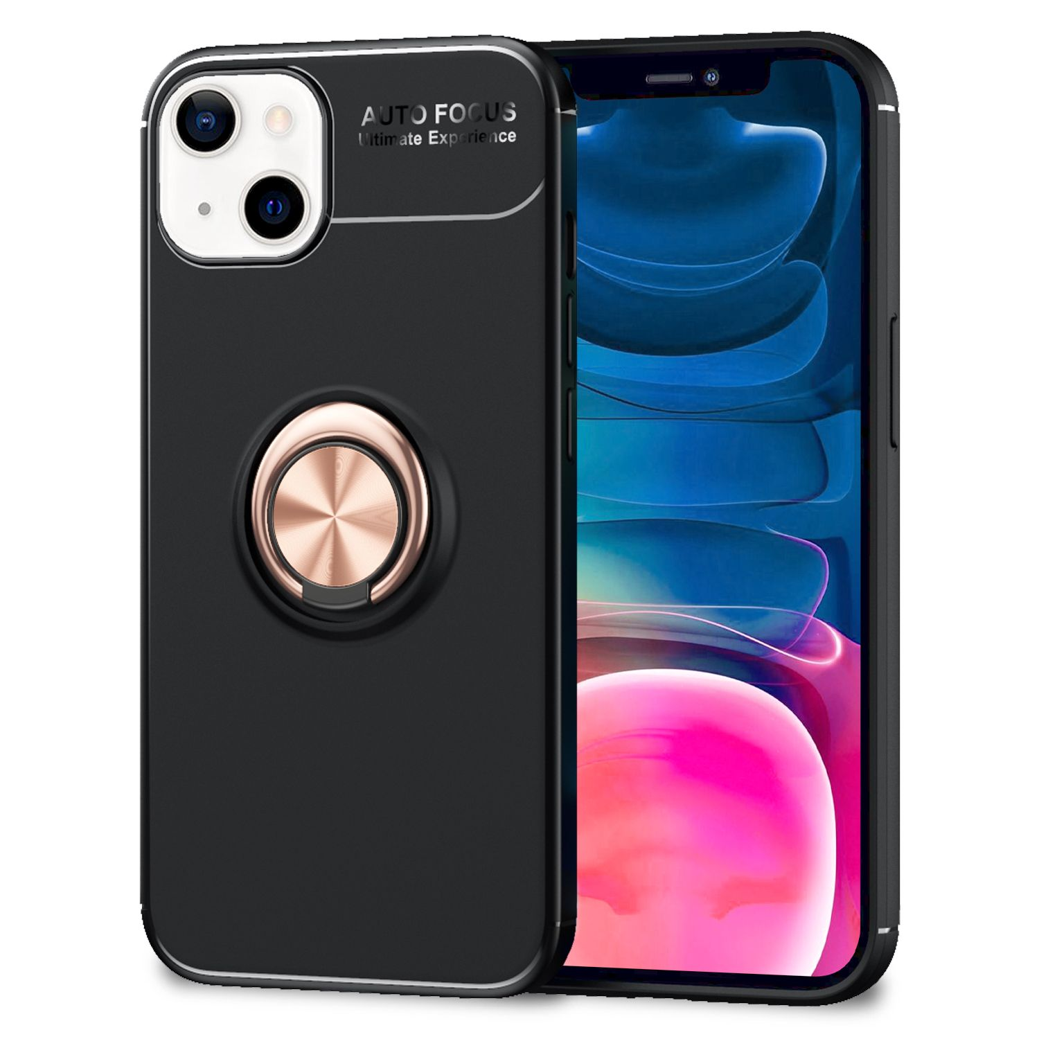 Funda de teléfono negra con soporte de anillo y marco plateado.