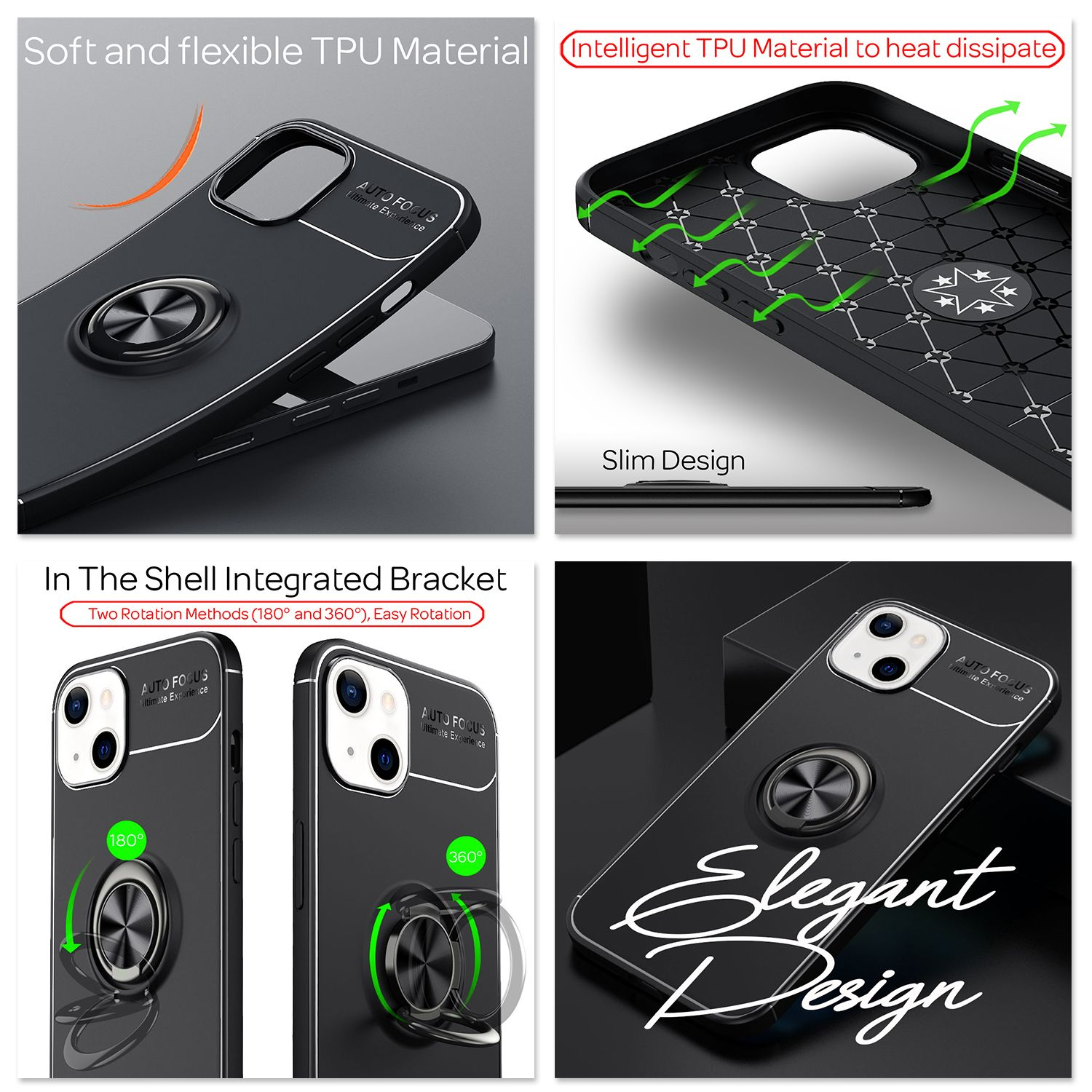 Un collage de imágenes que muestran una funda de teléfono con características como un soporte y un anillo integrados.