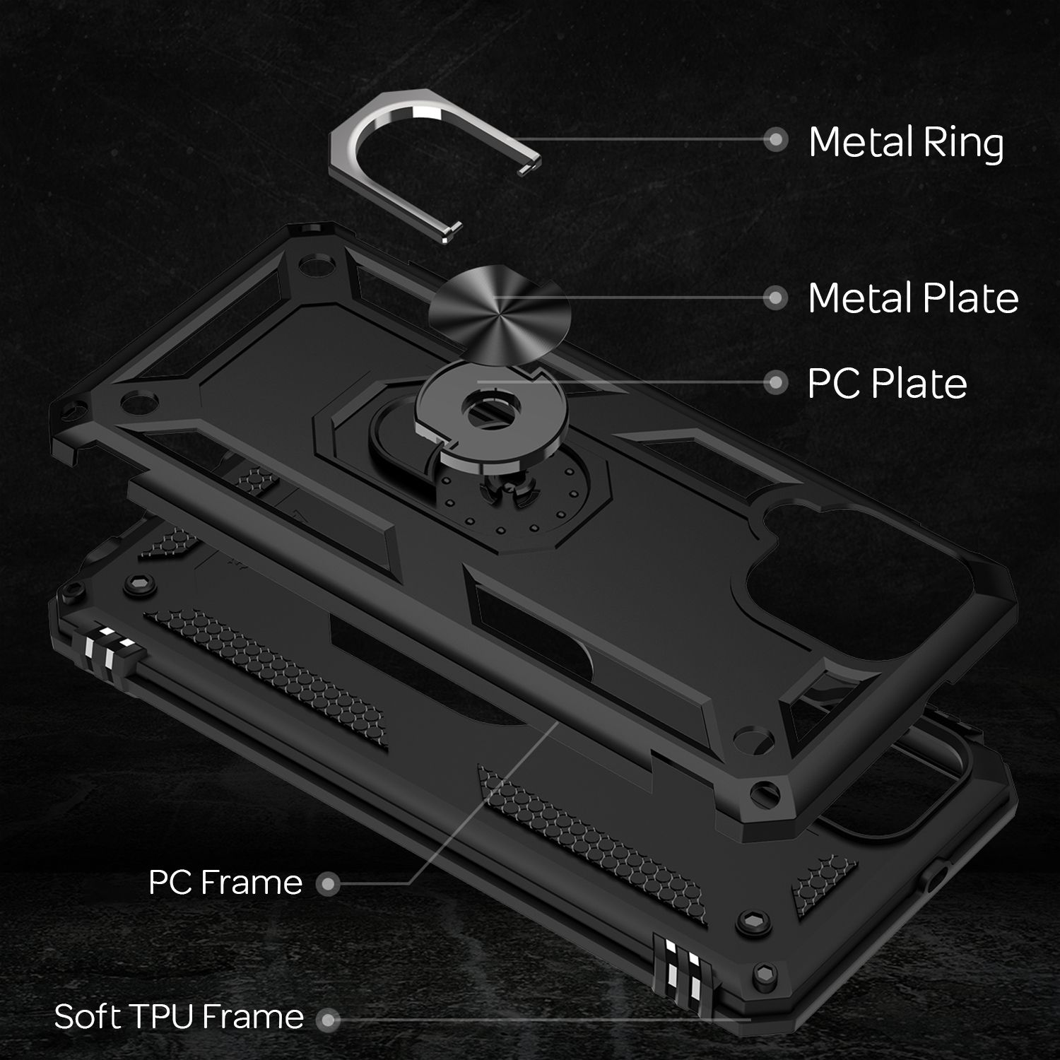 Schwarze Handyhülle mit Schichten. Schichten sind Metallring, Metallplatte, PC-Platte, PC-Rahmen und TPU-Rahmen.