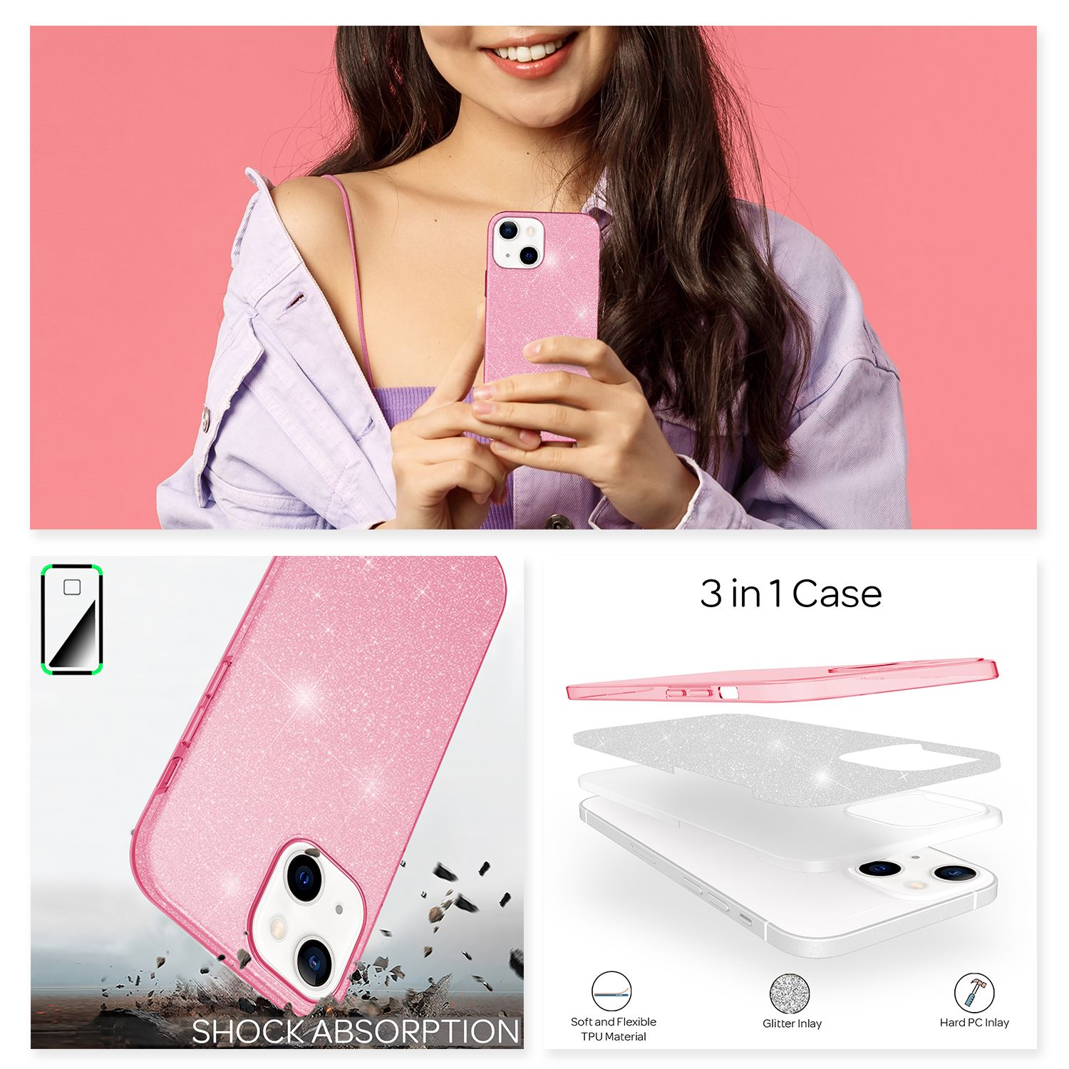 Una donna tiene una custodia rosa per telefono. Ha dei brillantini. Viene mostrata una custodia 3 in 1.