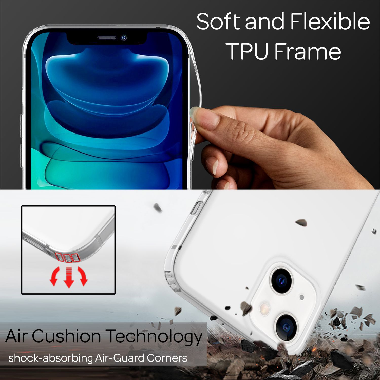 Eine Handyhülle mit transparentem Rahmen, mit den Worten „Air Cushion Technology“.