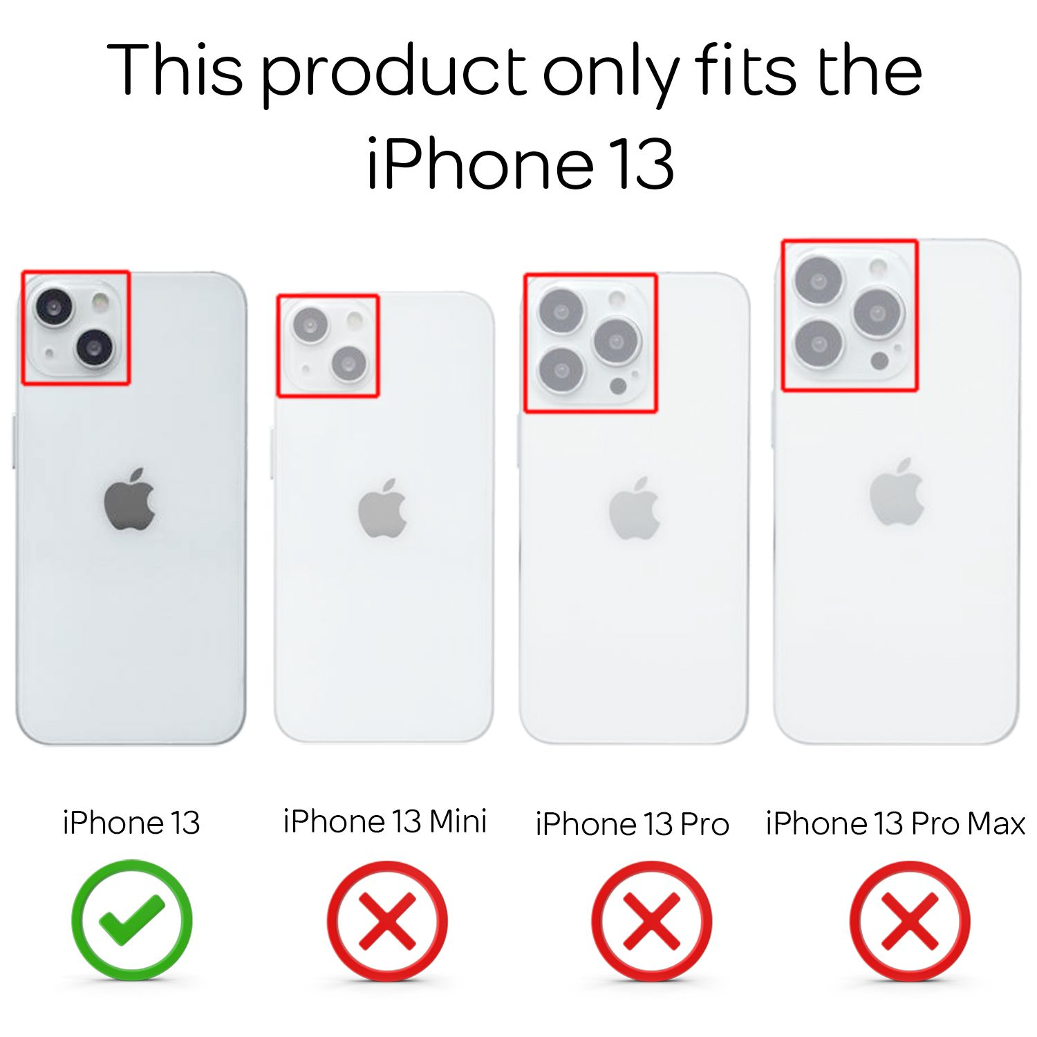 Cuatro iPhones, mostrando las disposiciones de la cámara. El texto dice: 'Este producto solo se ajusta al iPhone 13'.