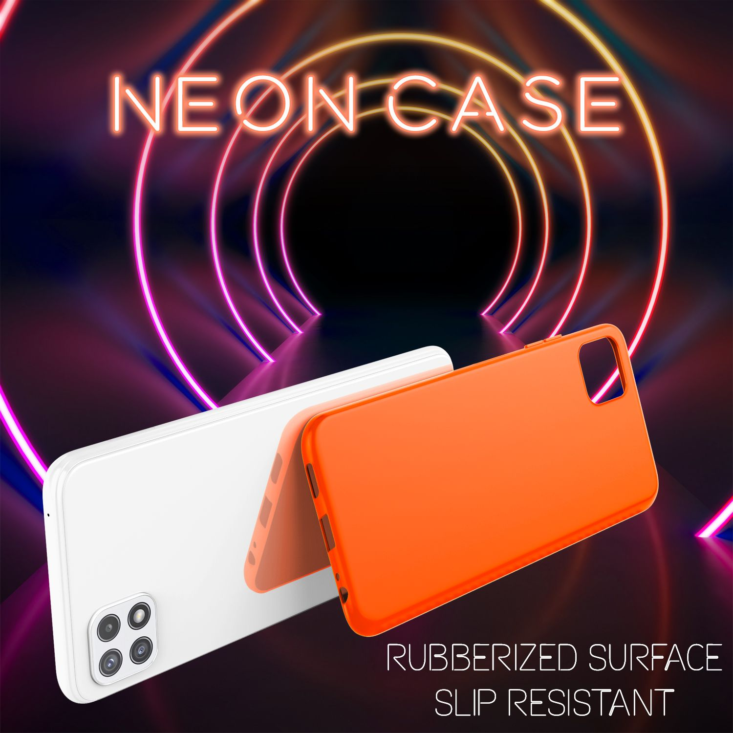 Zwei Handyhüllen, eine weiße, eine orangefarbene, mit NEON CASE-Text.