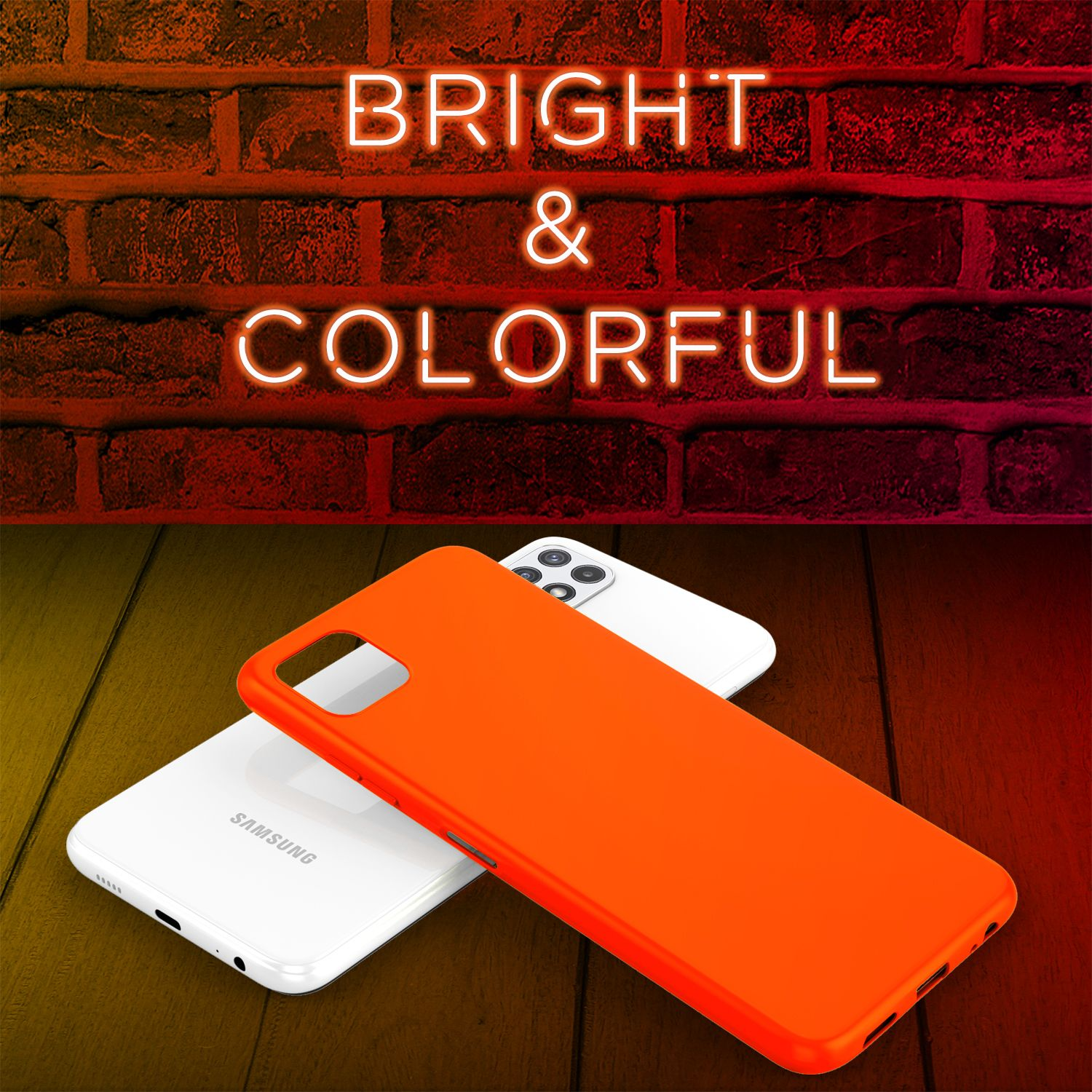 Zwei Handyhüllen, eine orange und eine weiße, mit Ziegelmauerhintergrund und Neontext.