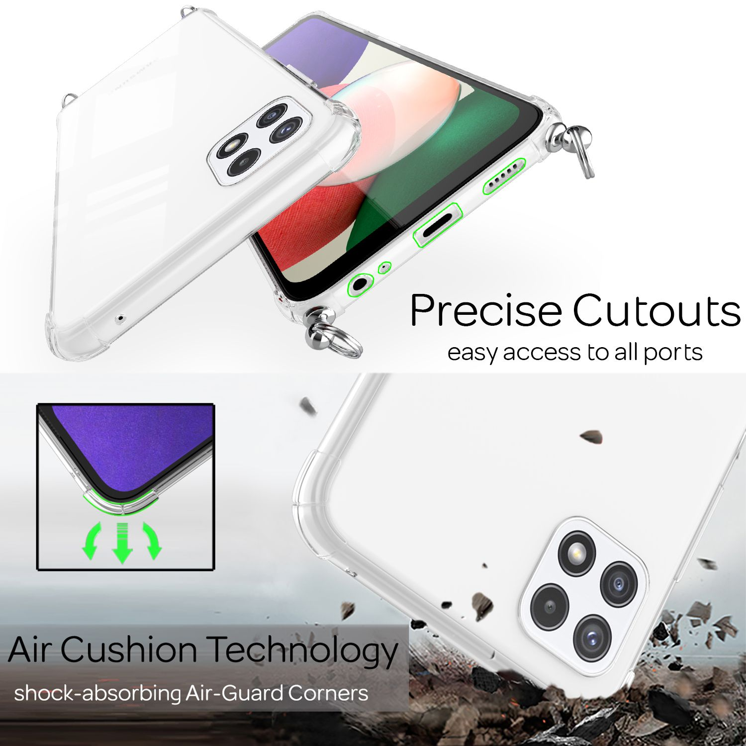 Custodie trasparenti con telefono dentro. Testo "Air Cushion Technology", "Precise Cutouts".