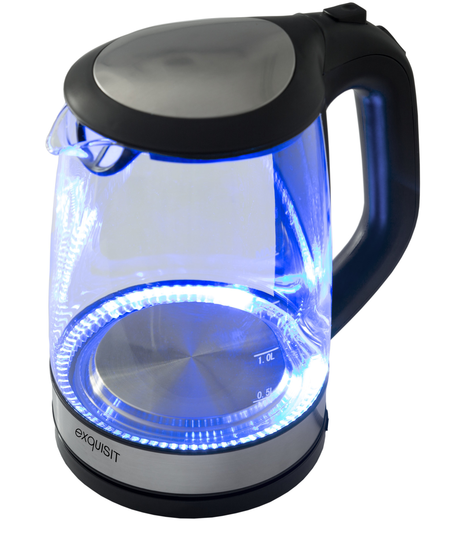 Elektrischer Wasserkocher mit blauem Licht, transparentem Körper und silbernem Boden.