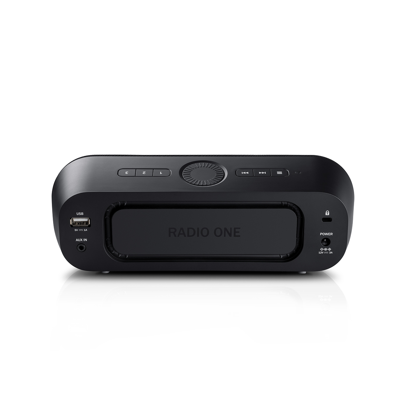A black radio with the text "RADIO ONE" on it, with buttons and a USB port.
