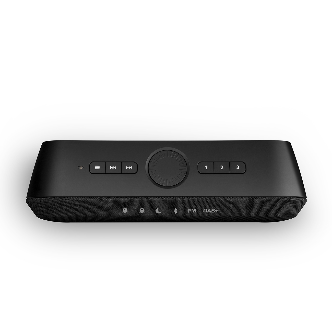 Black speaker with buttons and a dial. It has a black mesh front. Buttons include FM, DAB+.