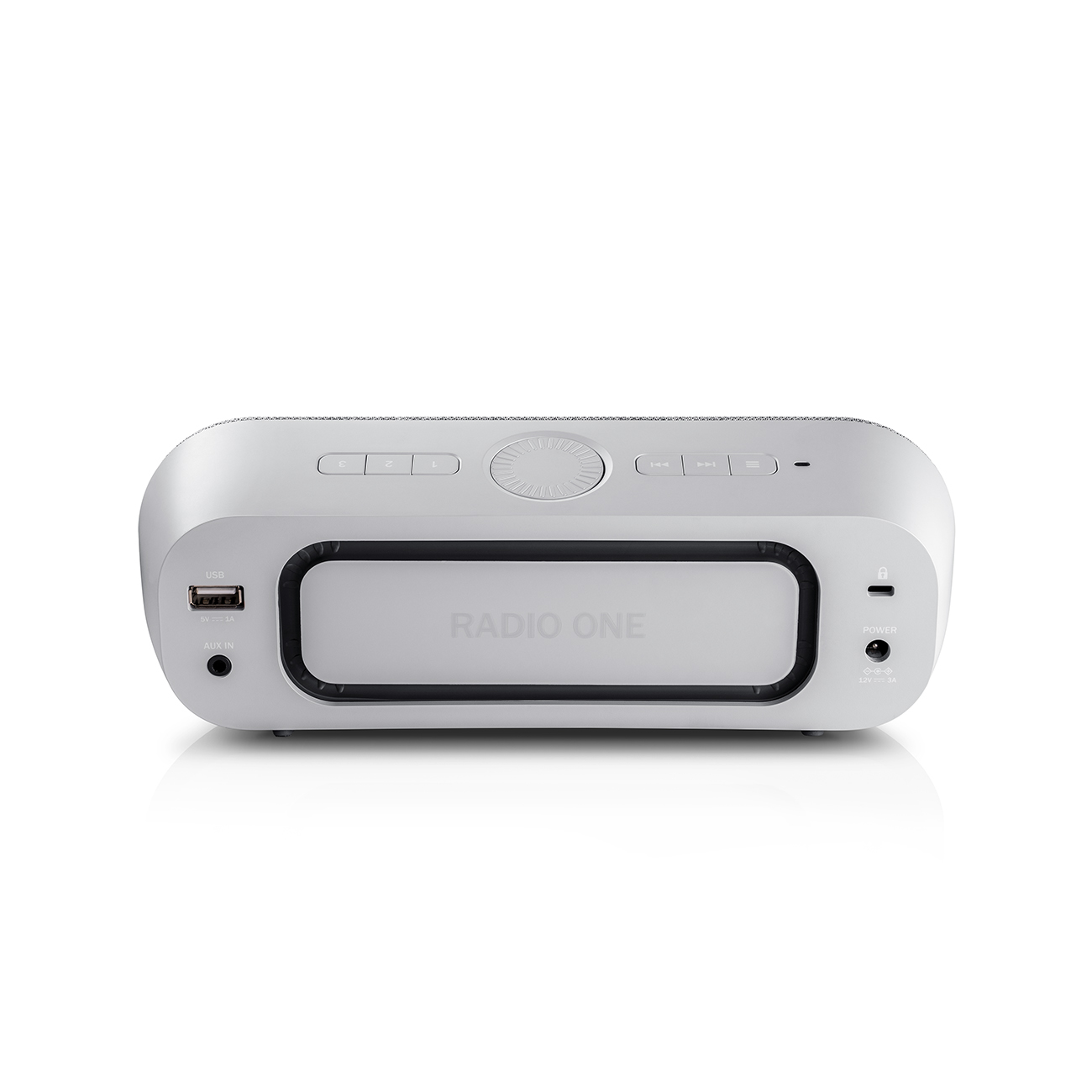 A white rectangular radio with the words 'RADIO ONE' on the front.