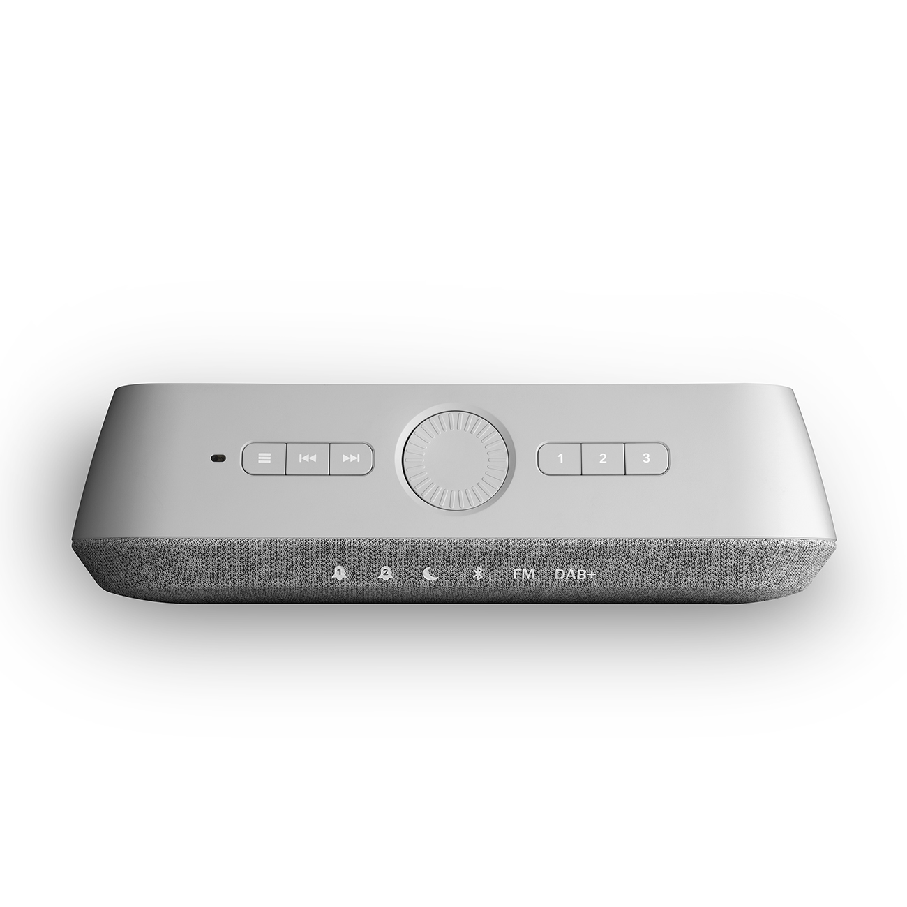 Silver speaker with buttons and a fabric base. White background.
