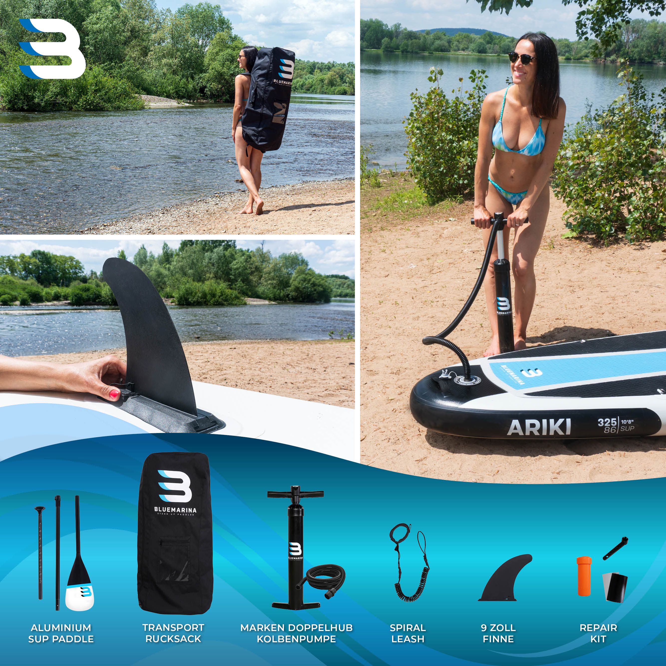 Frau am Strand und im Wasser mit Paddleboard und Zubehör, sonnige Szene.