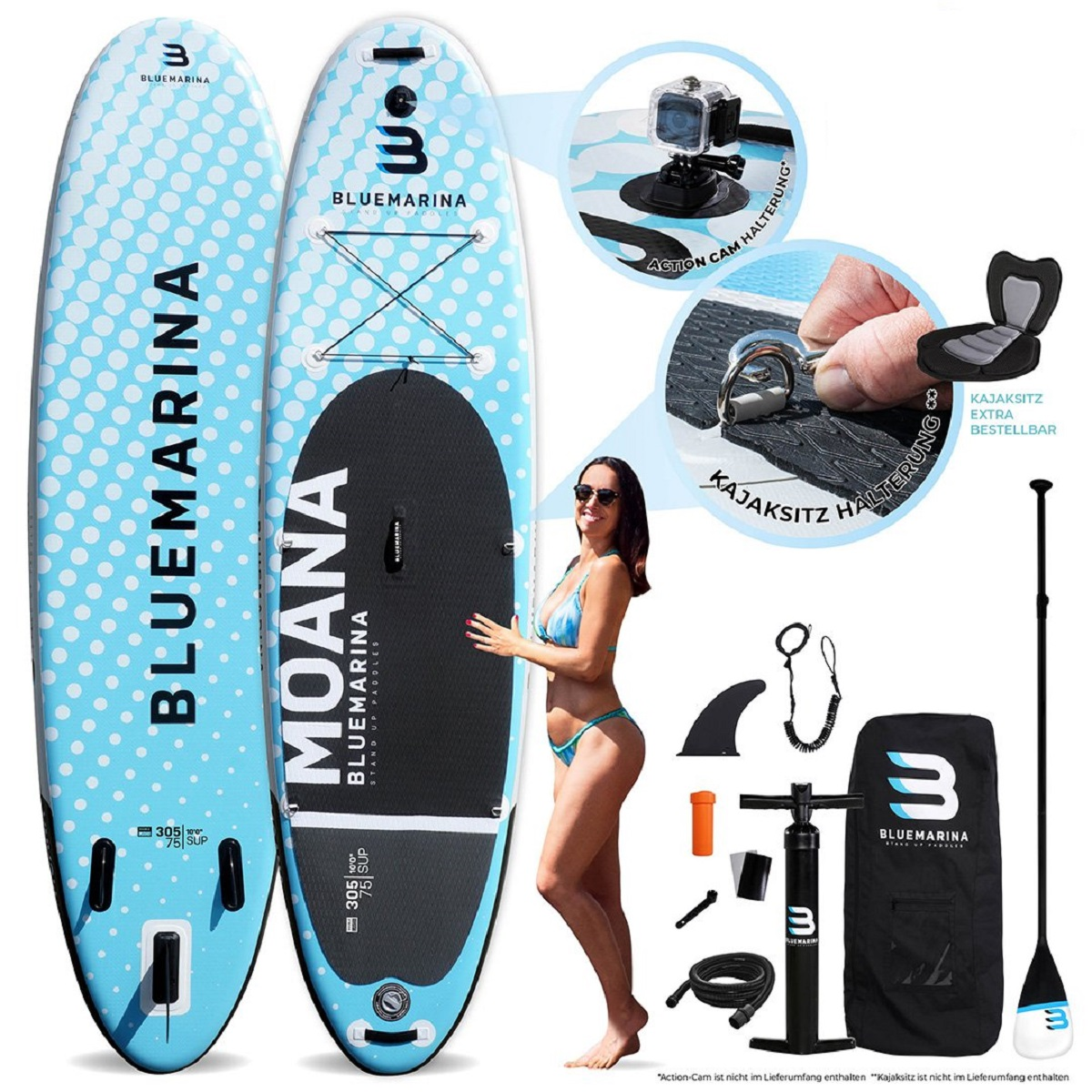 Zwei blaue Stand-Up-Paddleboards mit einer Frau im Bikini. Die Boards haben Text.