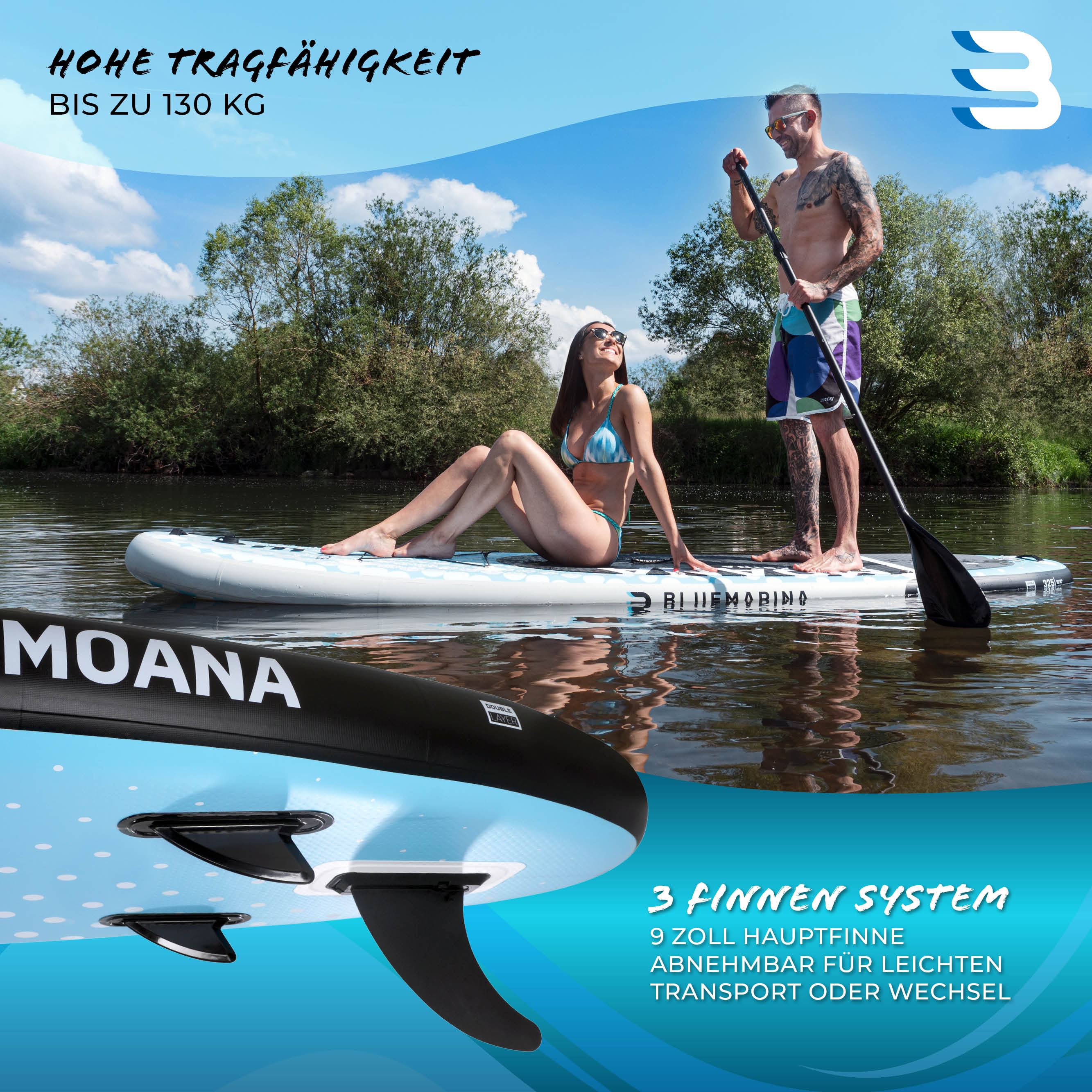Personen auf einem Paddleboard im Fluss, Fokus auf die Flossen des Boards und die Landschaft.