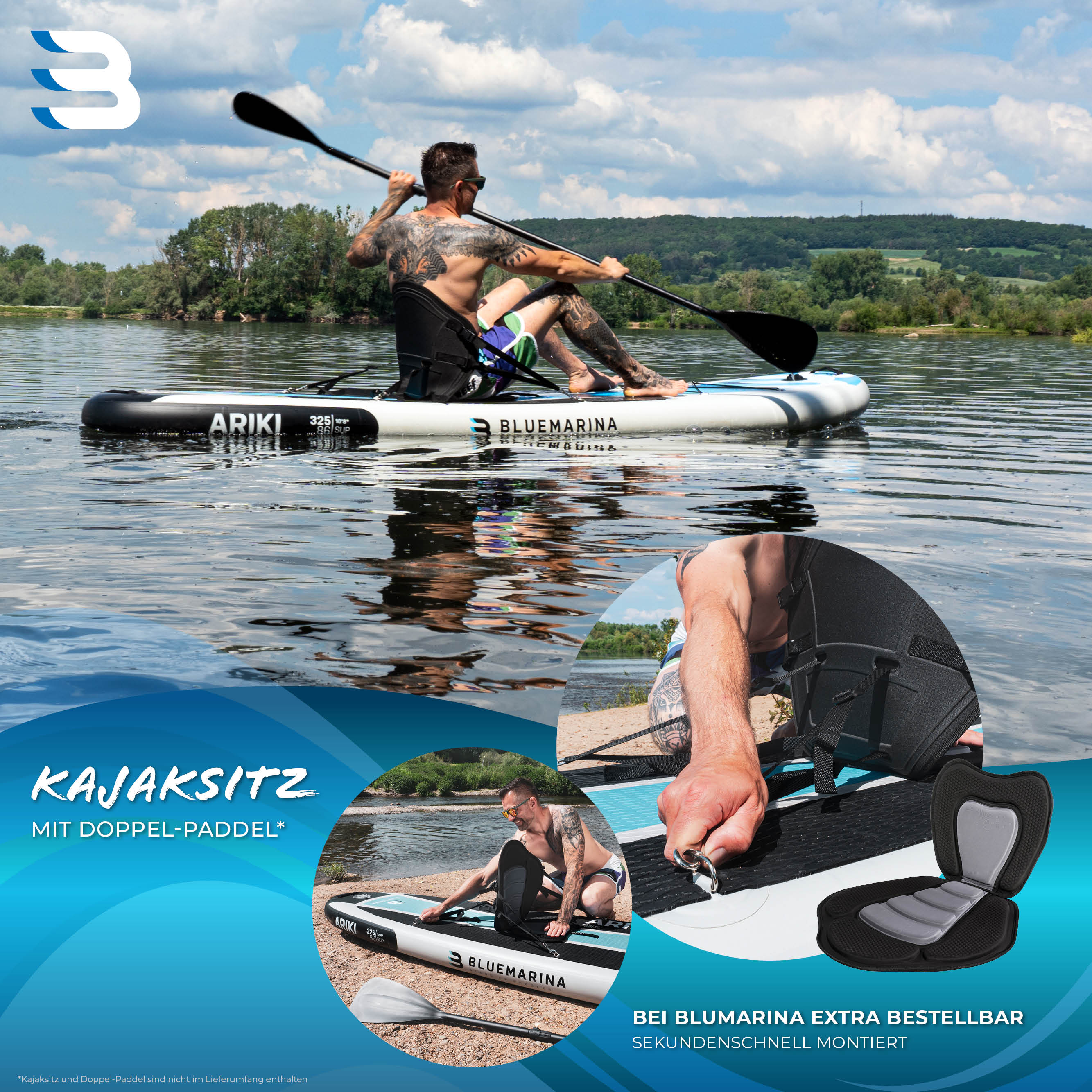 Mann auf Paddleboard, Kajaksitz-Detail. Seeszene mit Bergen und blauem Himmel.