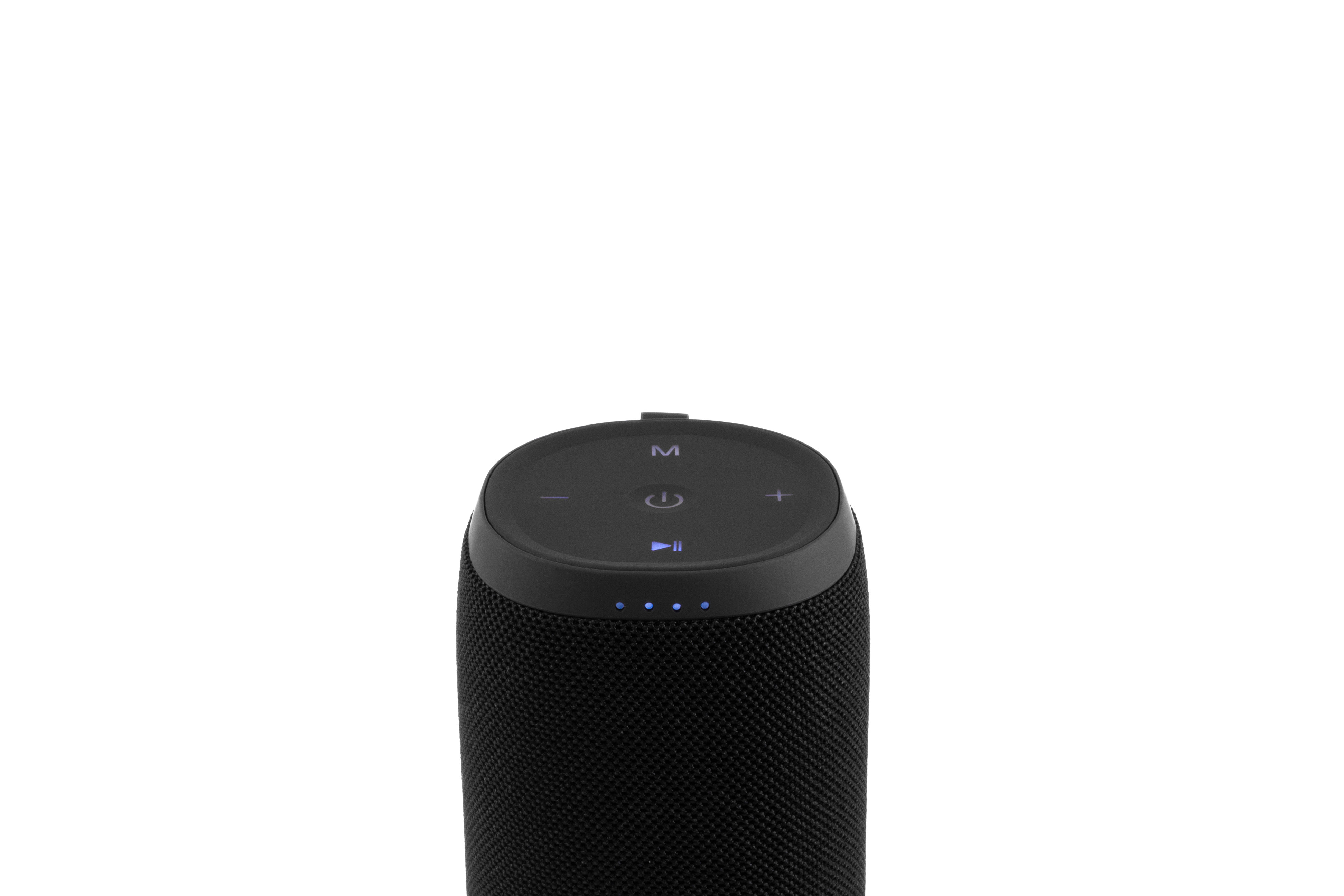 Altavoz cilíndrico negro. Parte superior con botones de encendido, reproducción y volumen. Fondo blanco.
