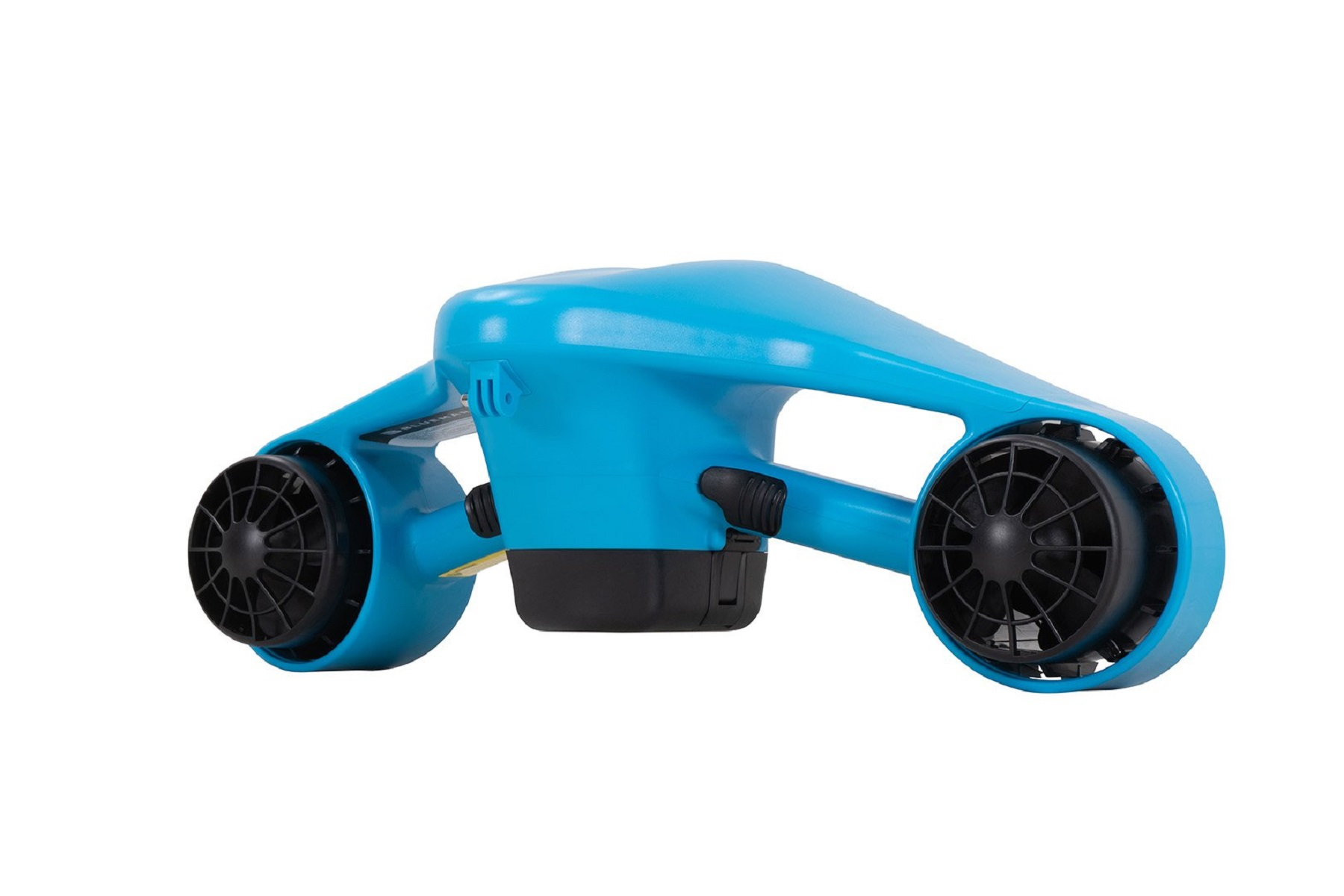 Blauer Unterwasserscooter mit zwei Propellern, isoliert auf Weiß.