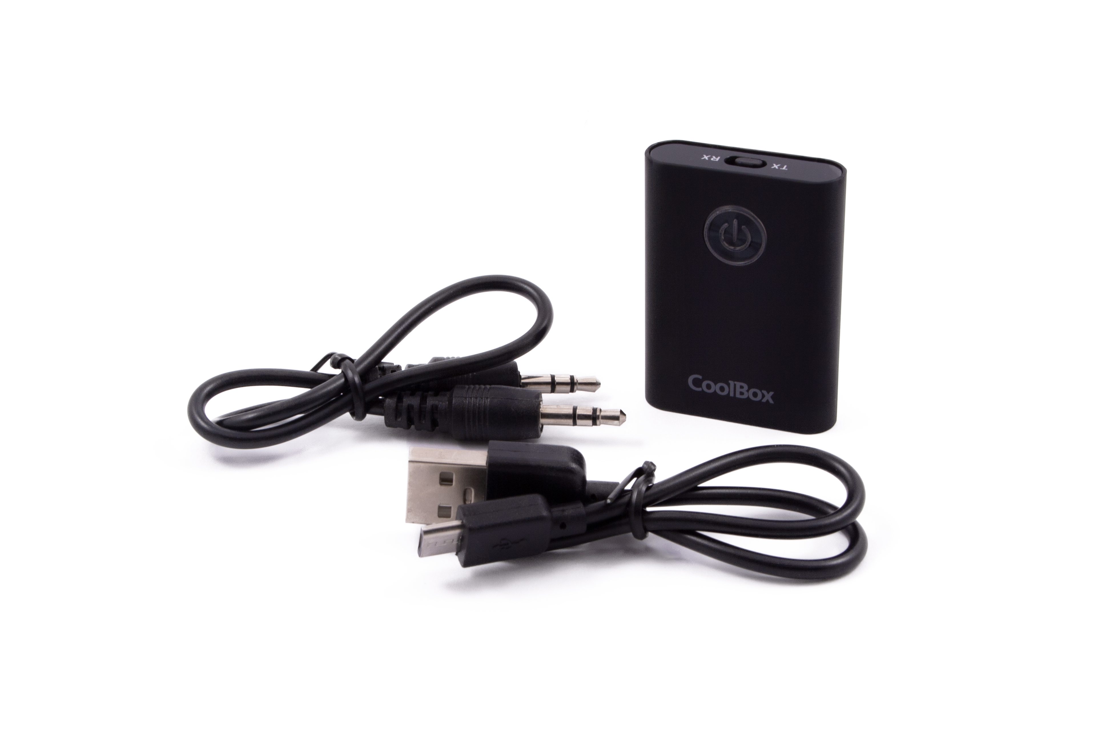 Transmisor de audio CoolBox negro con cables, un cable USB y dos conectores de audio.
