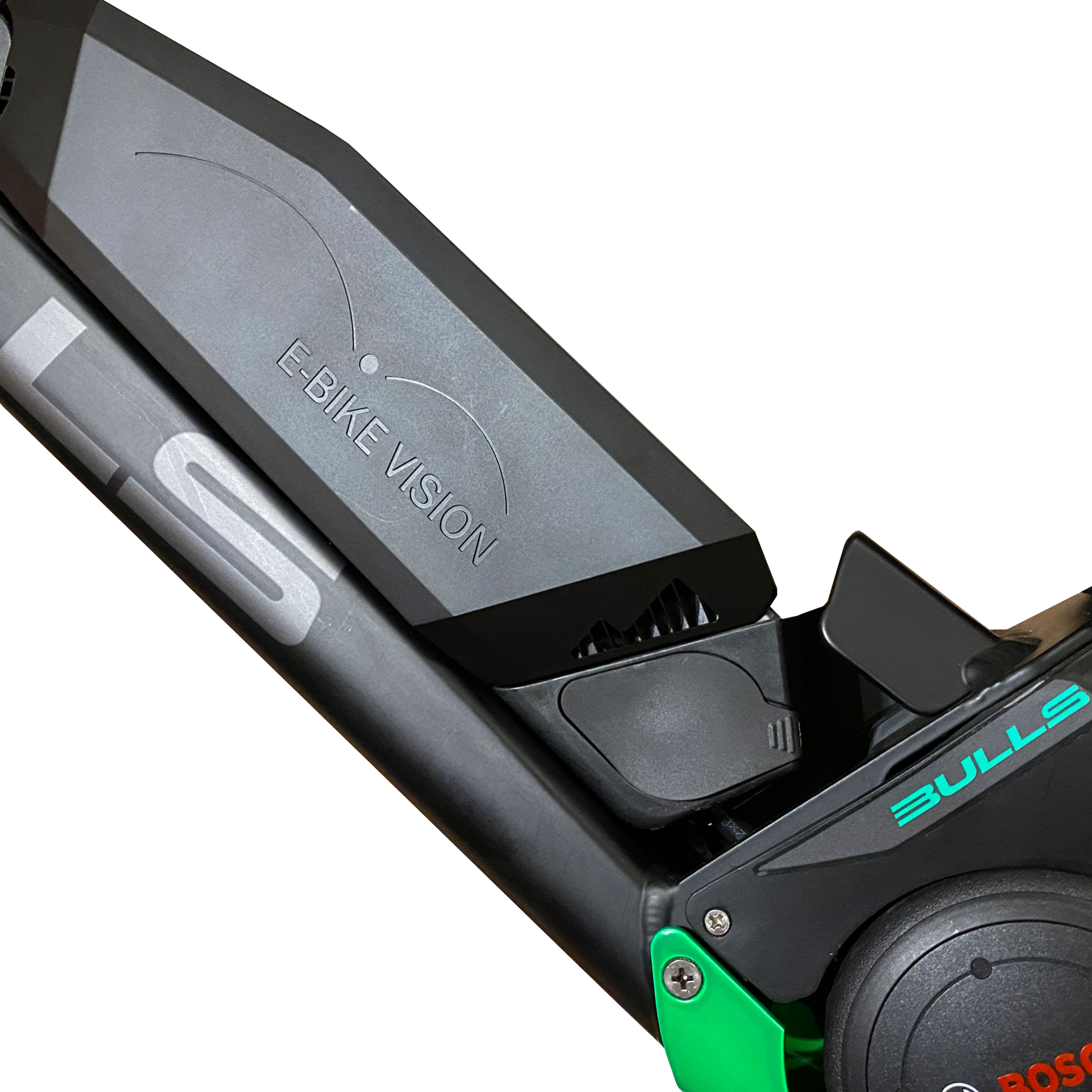 Zwarte fietsaccu, zwarte en groene details, witte achtergrond. 'E-BIKE VISION' label zichtbaar.