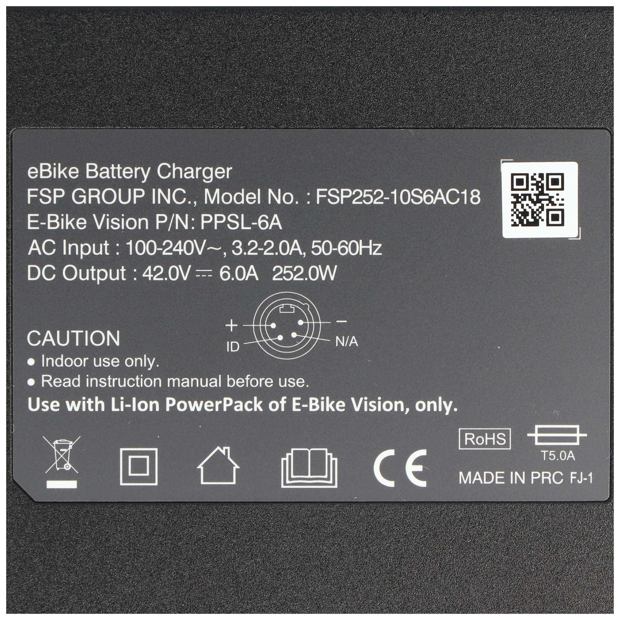 eBike Ladegerät: FSP GROUP INC., 42.0V DC, CE, RoHS, Made in PRC.