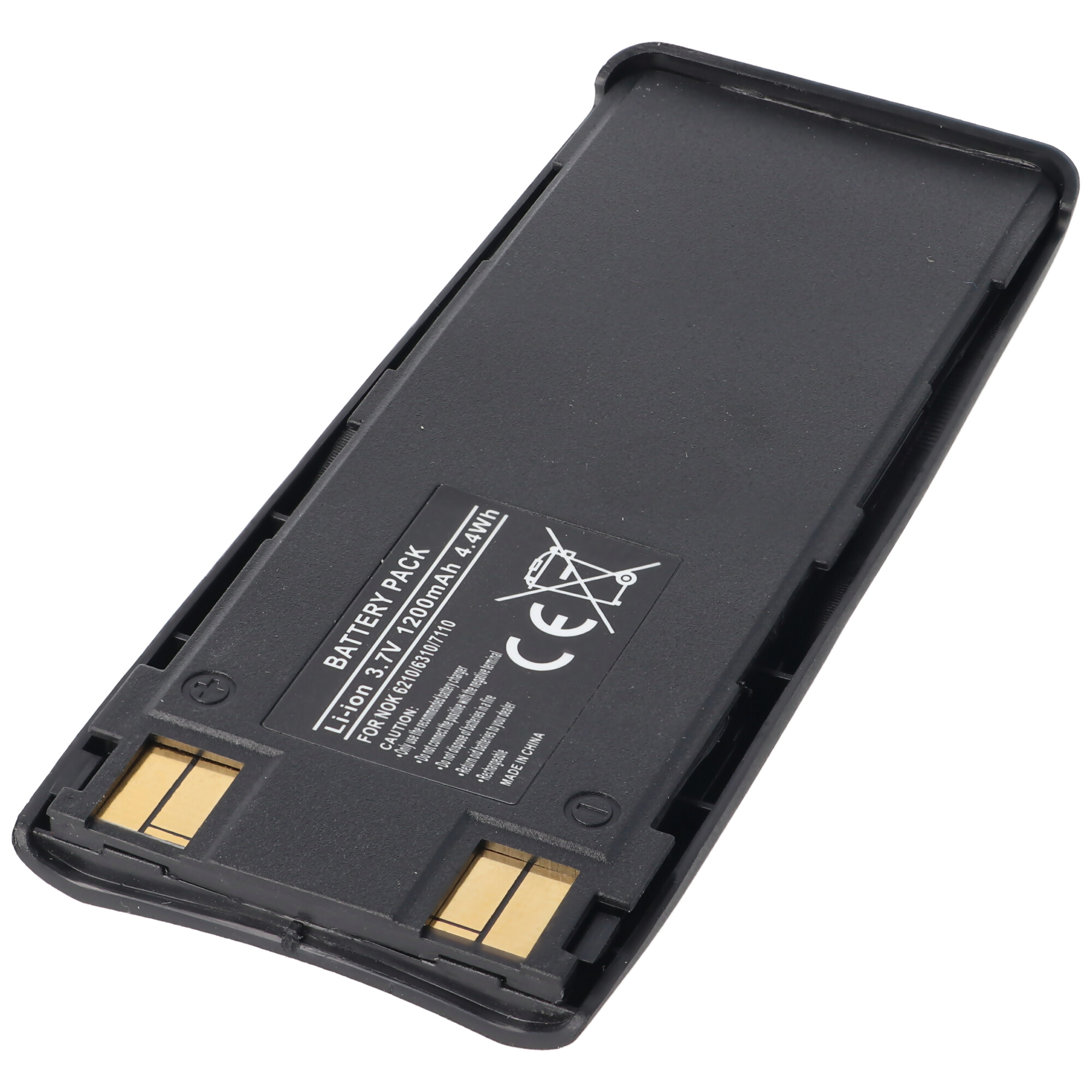 Zwart rechthoekig batterijpakket met tekst en connectoren. Het heeft een zwart frame.