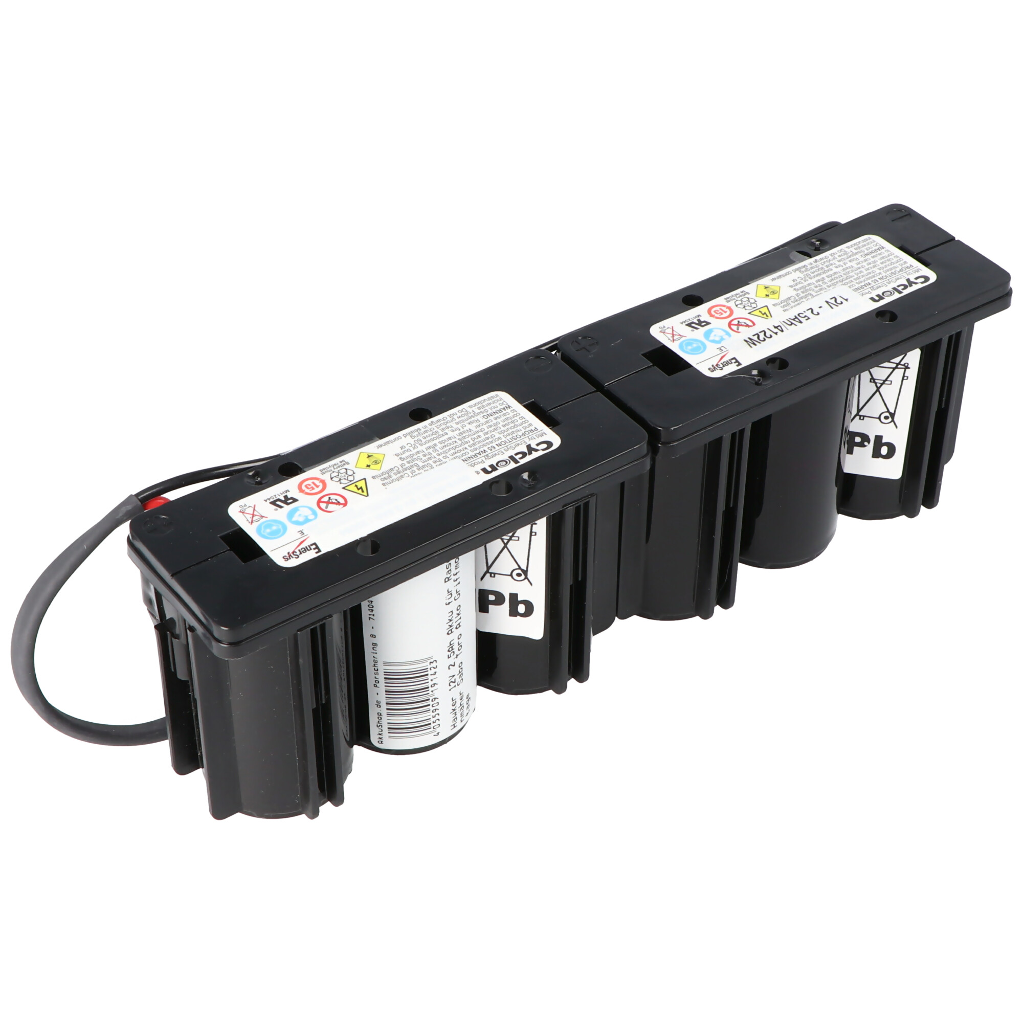 Schwarzer Akku mit mehreren zylindrischen Batterien und einem schwarzen Anschlusskabel.