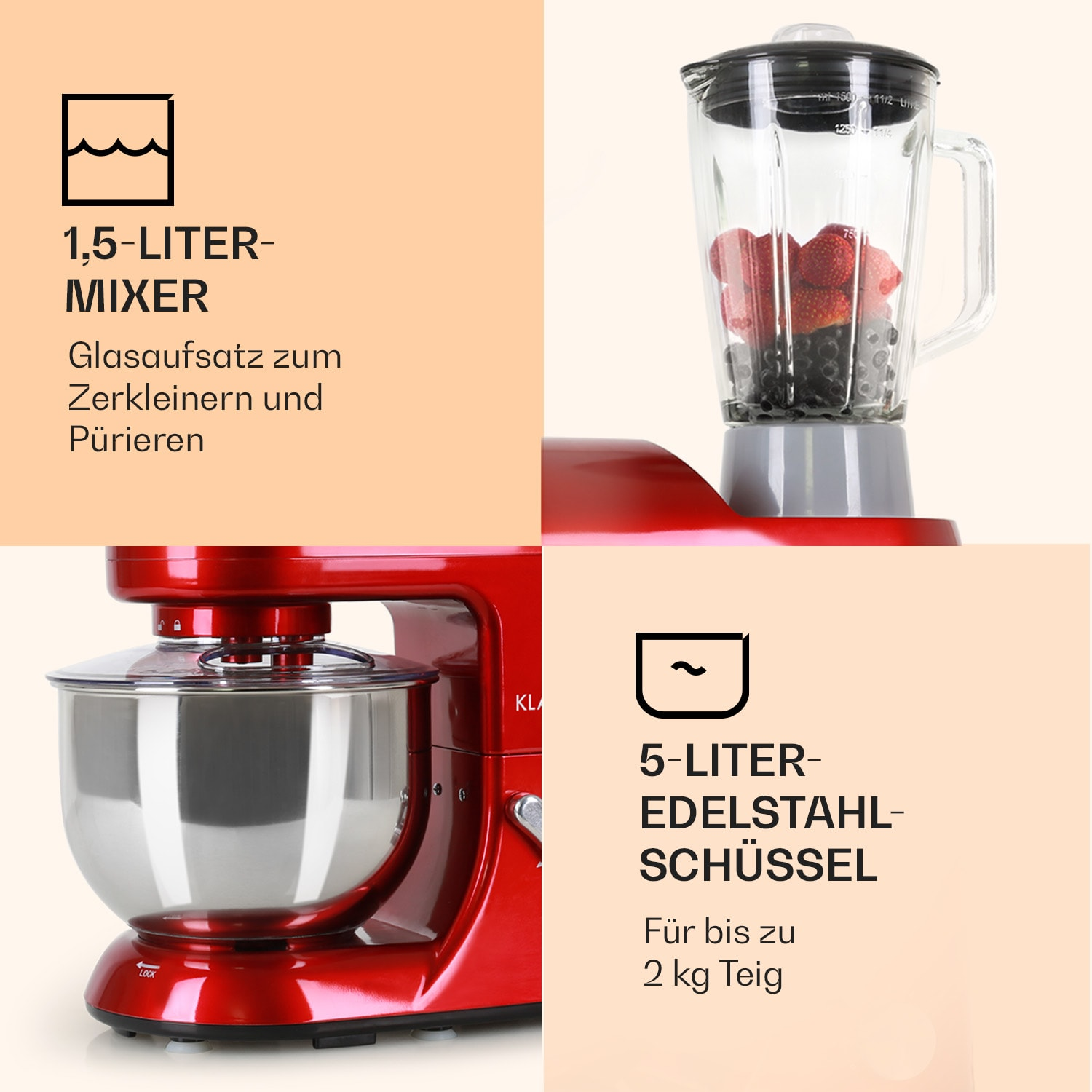 Rotes Küchengerät, Mixer und Mixer. Textbezeichnungen Detail jedes Bauteils und Funktion.