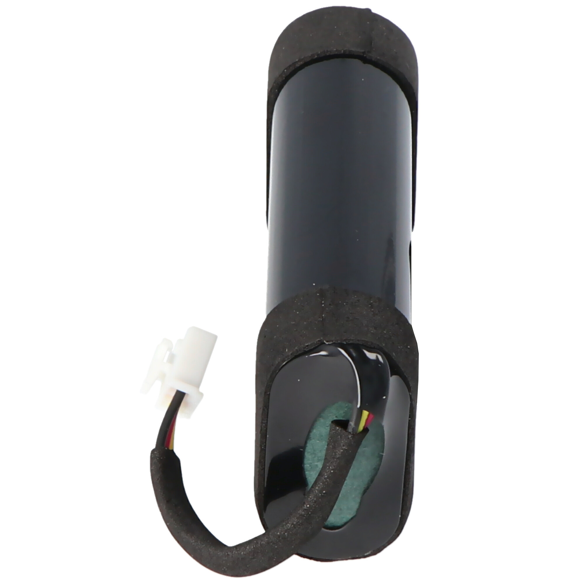 Schwarzer Zylinder mit schwarzem Schaumstoff und weißem Stecker mit Kabeln.