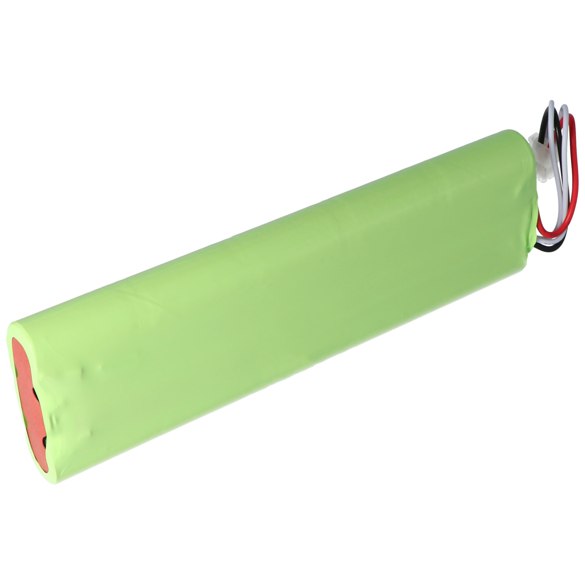 Grüne zylindrische Batterie mit roten und schwarzen Anschlüssen. Weißer Hintergrund.