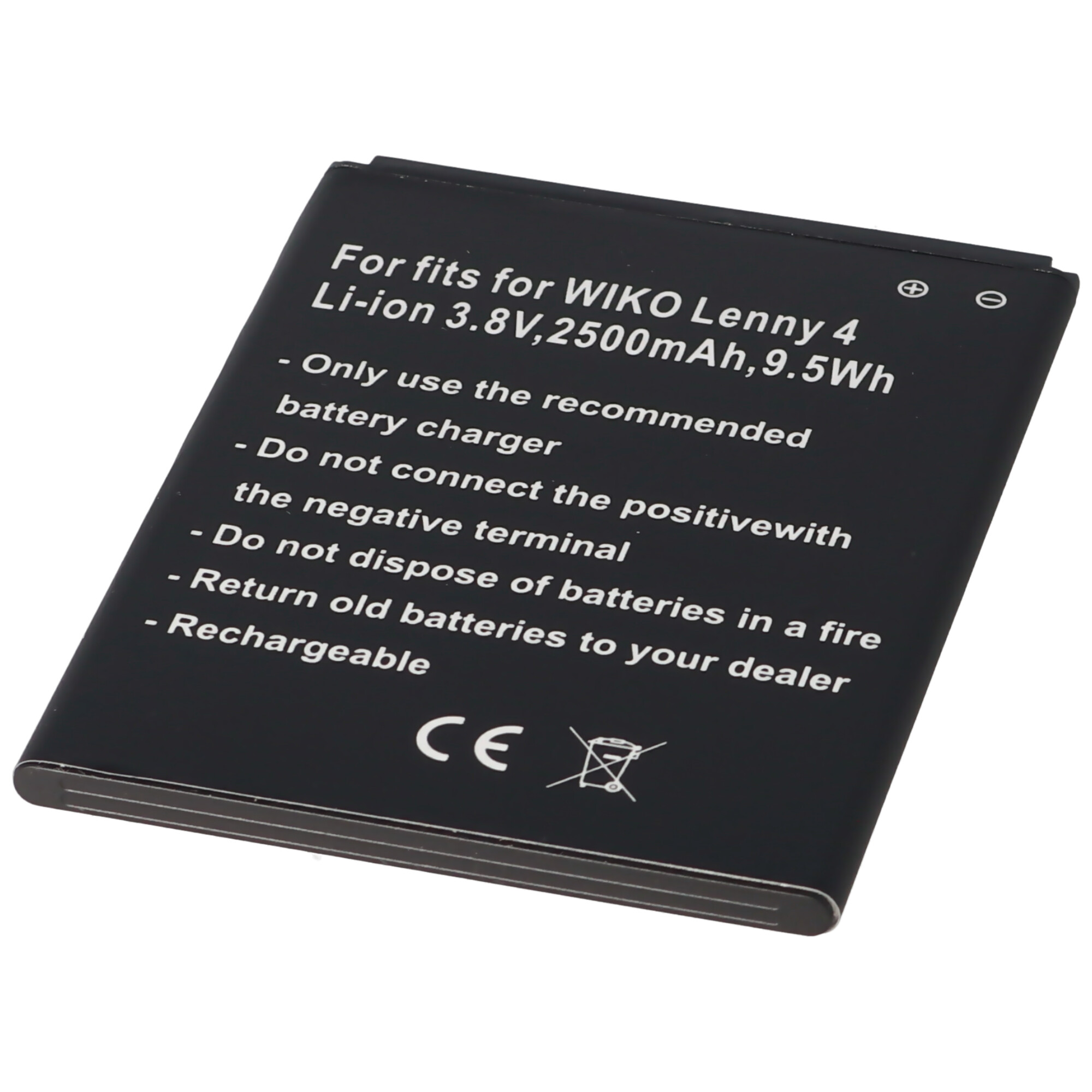 Schwarze Batterie mit Anweisungen auf weißem Hintergrund, einschließlich CE-Symbol.