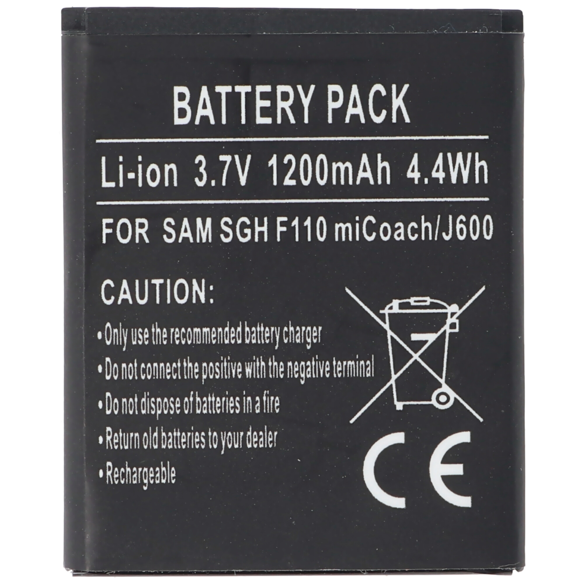 Schwarzes Akku-Pack mit Text: Li-Ion 3,7V 1200mAh 4,4Wh für Samsung-Handy.